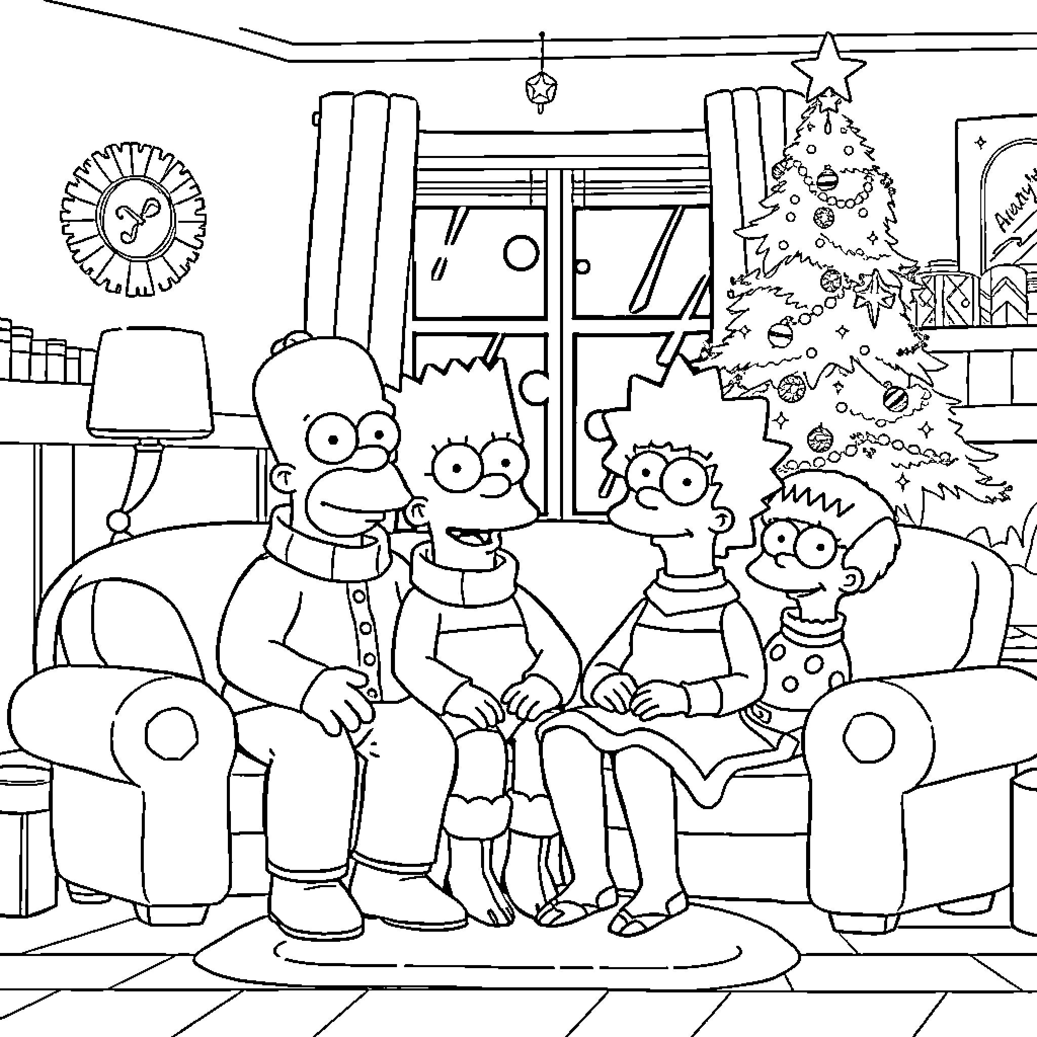 Simpson family celebrating Christmas together Coloring Page (free black-and-white line drawing printable PDF for all, from beginners to advanced learners, including children, teens, adults, and seniors)