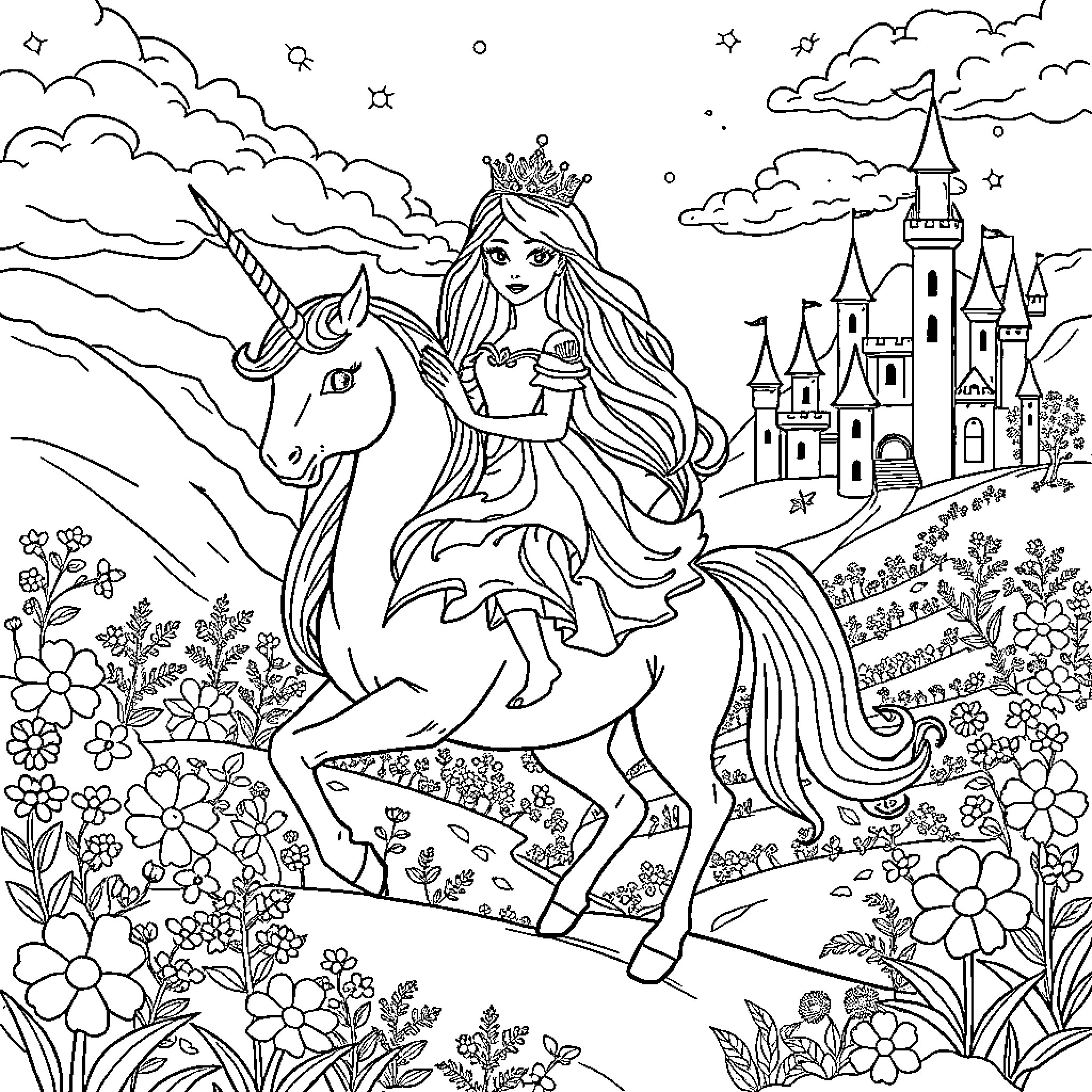 Princess and Unicorn in Enchanted Castle Garden Coloring Page (free black-and-white line drawing printable PDF for all, from beginners to advanced learners, including children, teens, adults, and seniors)