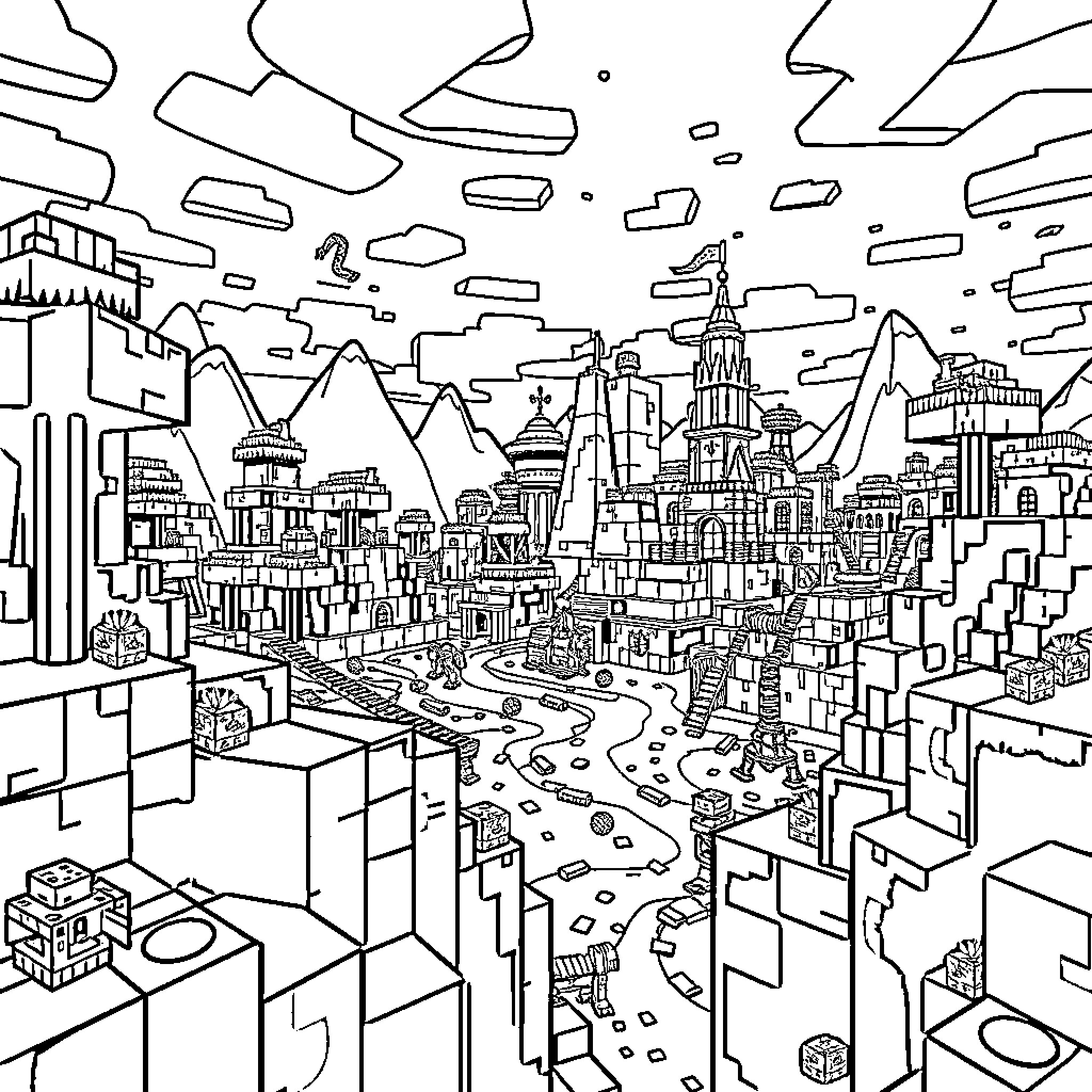 Minecraft city landscape with buildings and structures Coloring Page (free black-and-white line drawing printable PDF for all, from beginners to advanced learners, including children, teens, adults, and seniors)