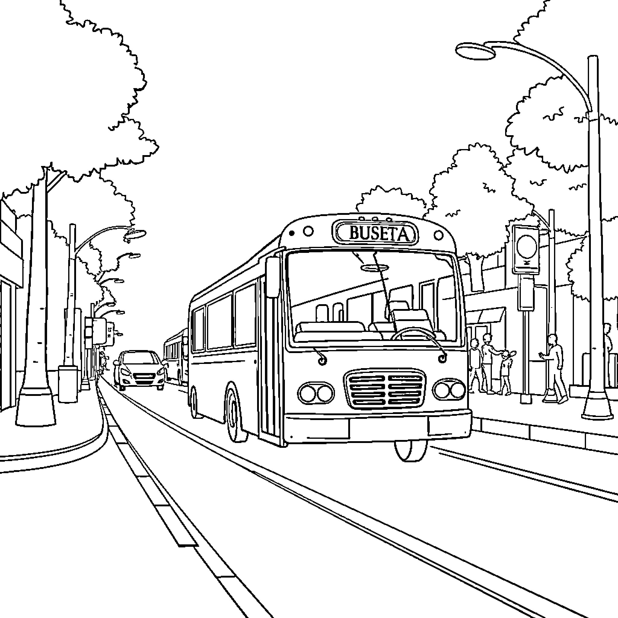 Bus transporting passengers along the city street Coloring Page (free black-and-white line drawing printable PDF for all, from beginners to advanced learners, including children, teens, adults, and seniors)