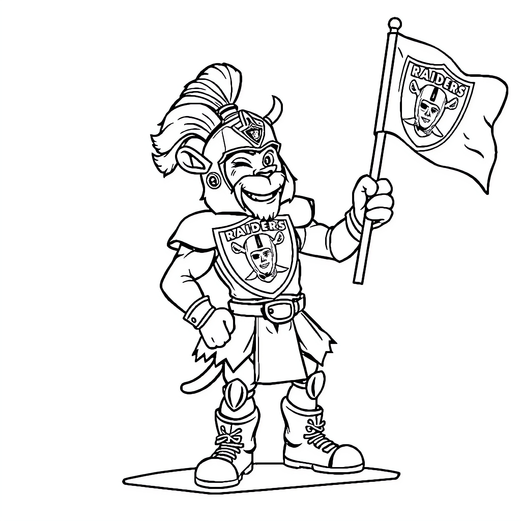 Raider mascot cheering with team flag Coloring Page (free black-and-white line drawing printable PDF for all, from beginners to advanced learners, including children, teens, adults, and seniors)