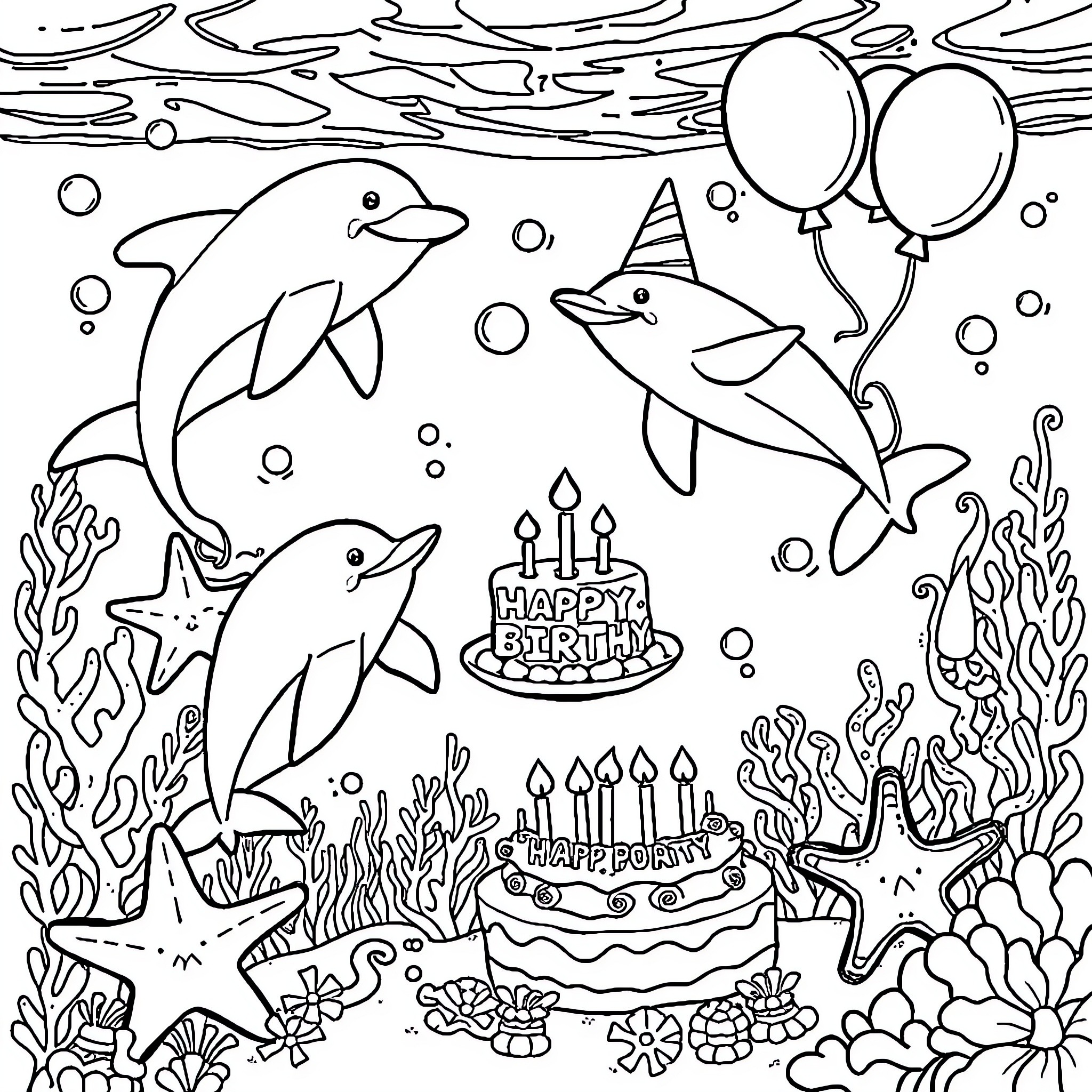 Ocean Animals Celebrating Birthday Party Coloring Page (free black-and-white line drawing printable PDF for all, from beginners to advanced learners, including children, teens, adults, and seniors)