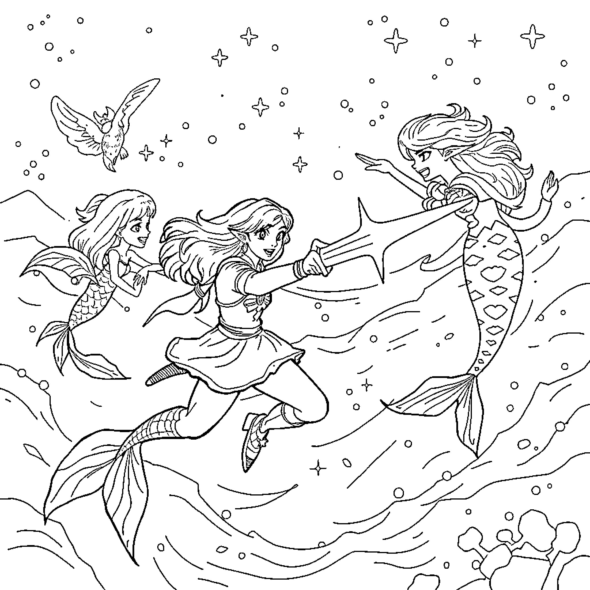 Zelda mermaids playing in the starry sea Coloring Page (free black-and-white line drawing printable PDF for all, from beginners to advanced learners, including children, teens, adults, and seniors)