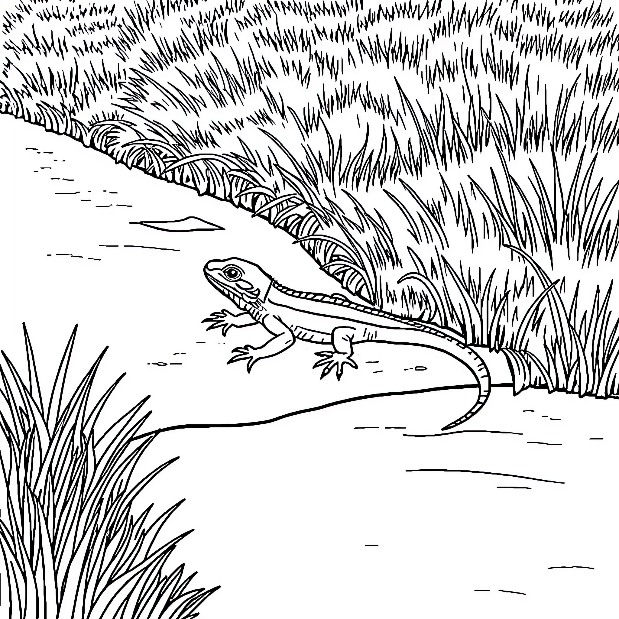 Lizard exploring grassy environment Coloring Page (free black-and-white line drawing printable PDF for all, from beginners to advanced learners, including children, teens, adults, and seniors)