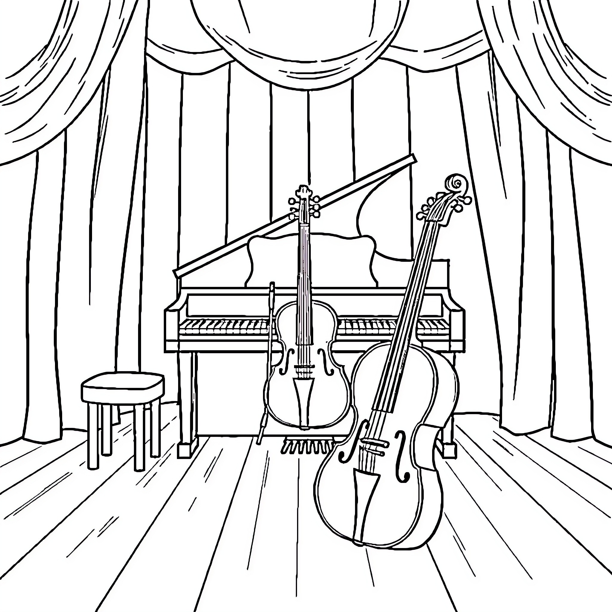 Musical Instrument Performance on Stage Coloring Page (free black-and-white line drawing printable PDF for all, from beginners to advanced learners, including children, teens, adults, and seniors)