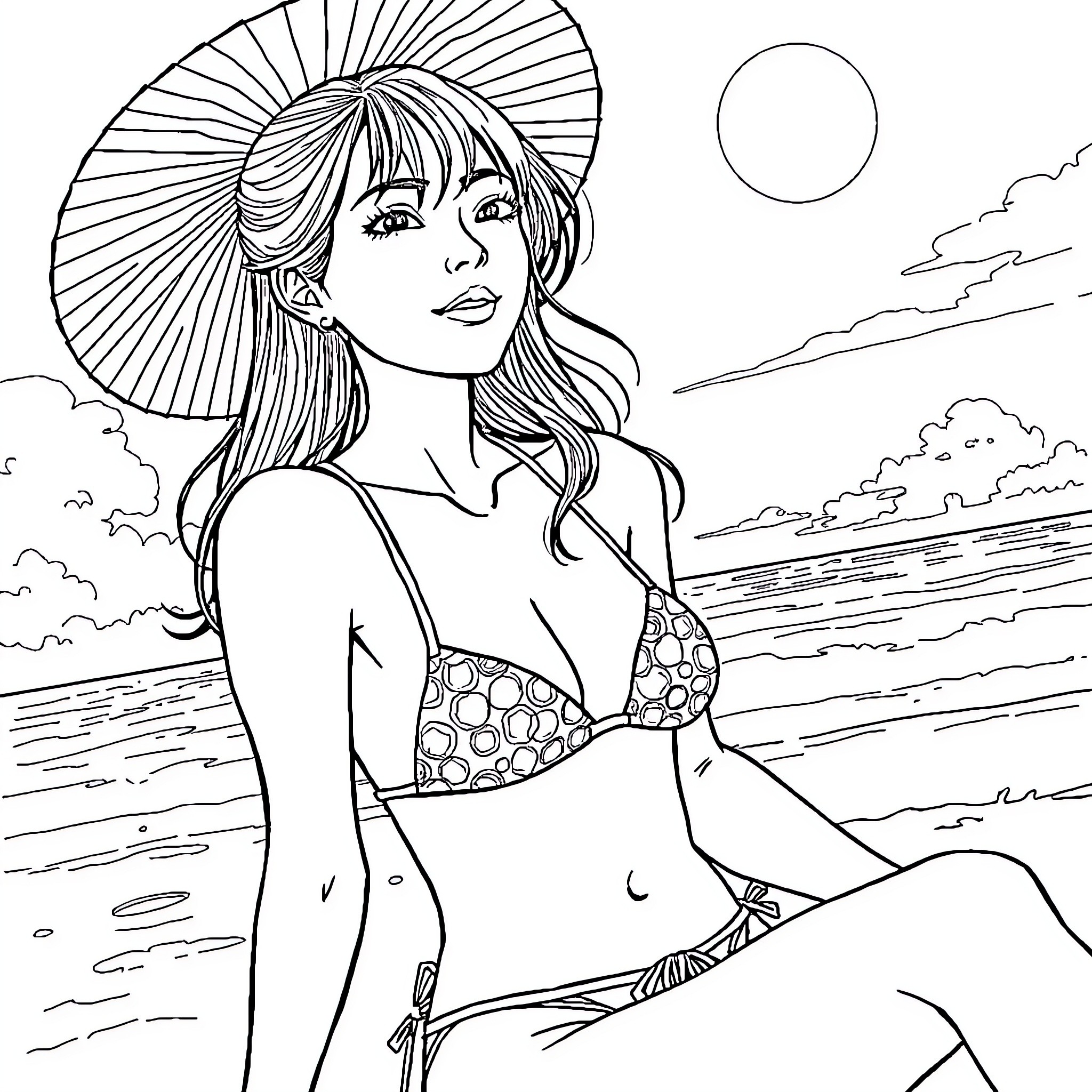 Japanese woman in traditional umbrella hat by the beach Coloring Page (free black-and-white line drawing printable PDF for all, from beginners to advanced learners, including children, teens, adults, and seniors)