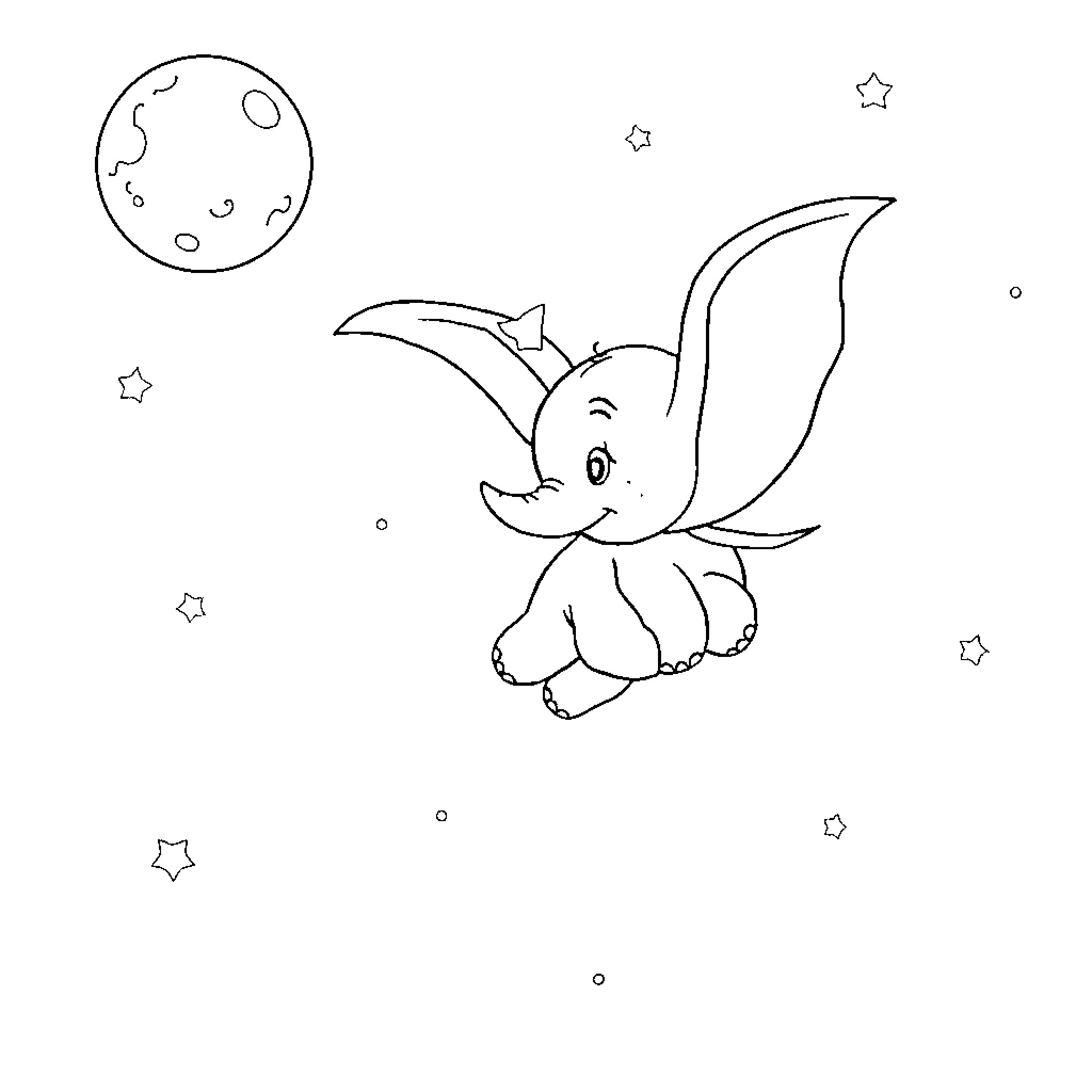 Dumbo the Elephant Soaring Under the Starry Sky Coloring Page (free black-and-white line drawing printable PDF for all, from beginners to advanced learners, including children, teens, adults, and seniors)