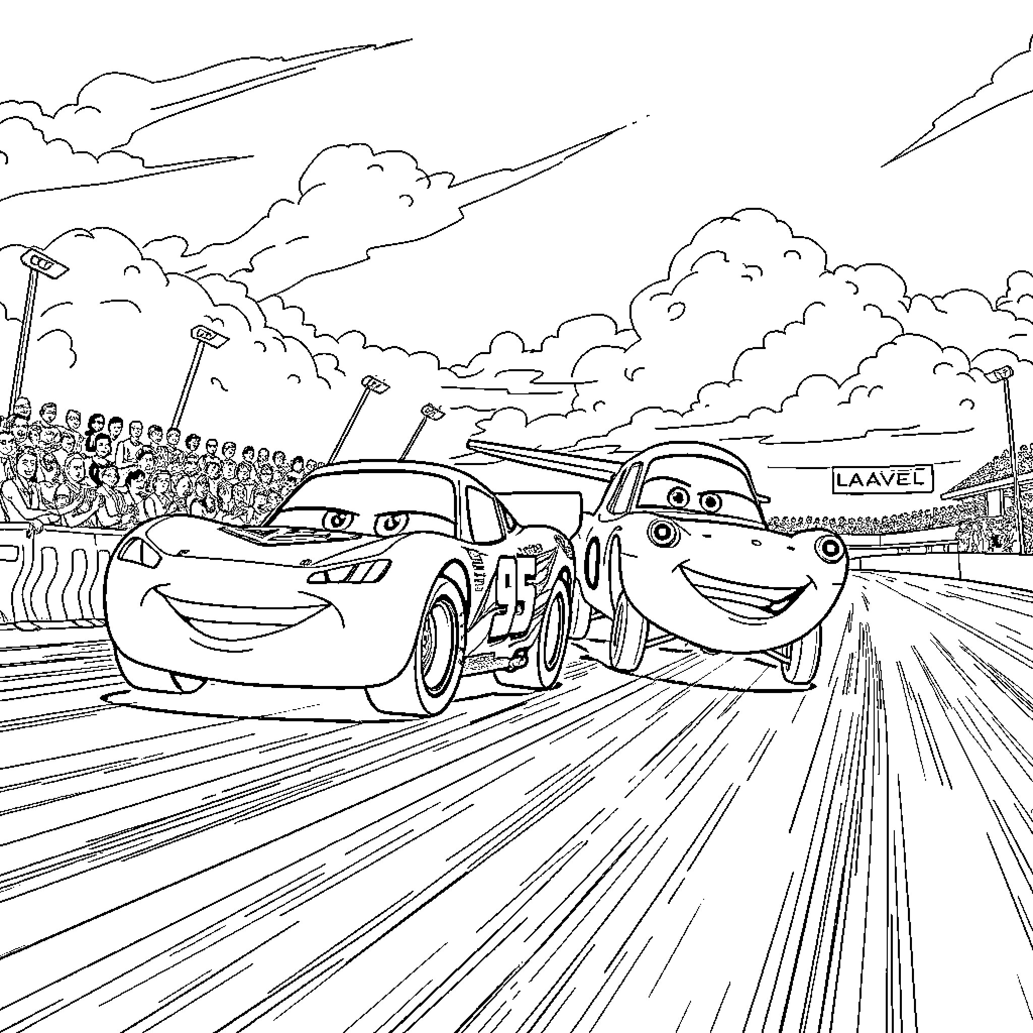 Flash Mac Race on the Speedway Coloring Page (free black-and-white line drawing printable PDF for all, from beginners to advanced learners, including children, teens, adults, and seniors)