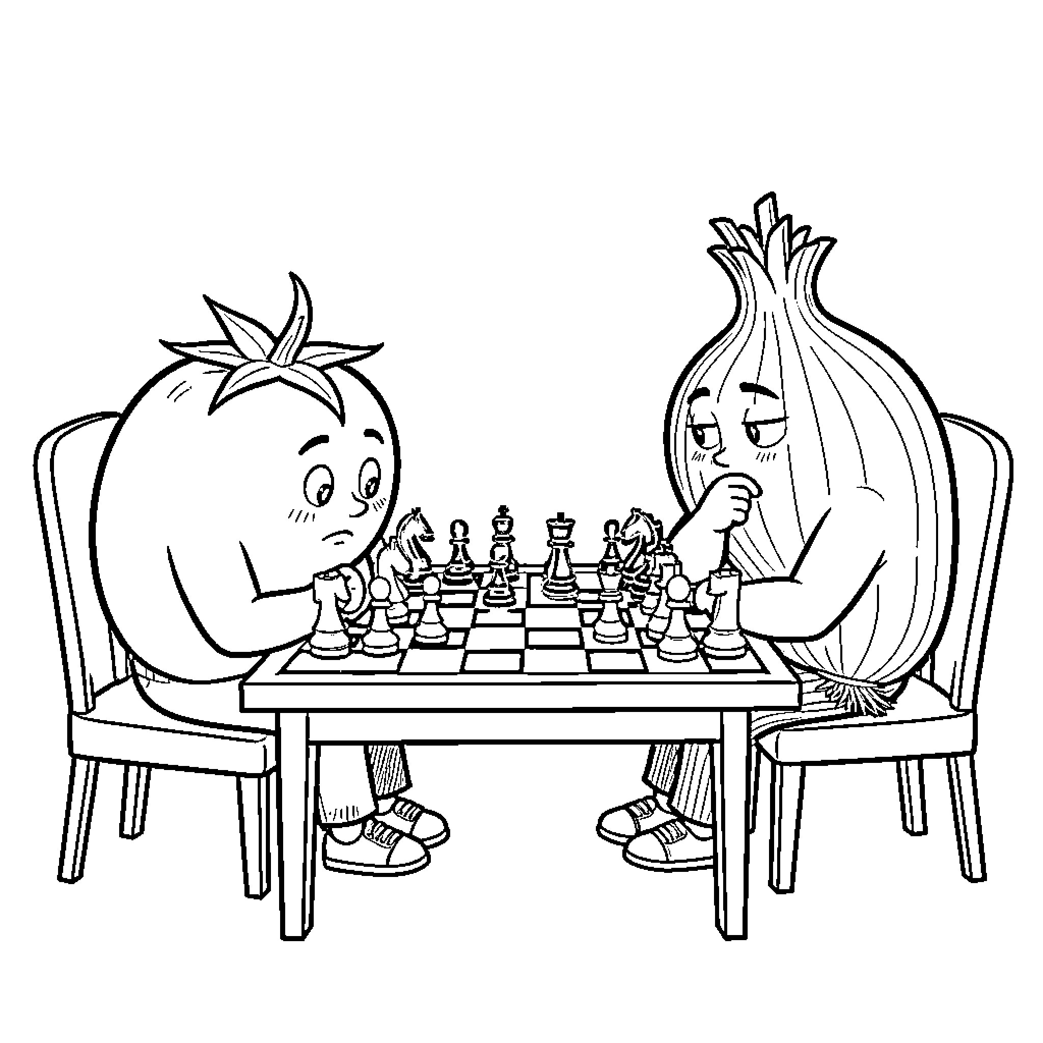 Tomato playing a strategic game of chess with onion Coloring Page (free black-and-white line drawing printable PDF for all, from beginners to advanced learners, including children, teens, adults, and seniors)