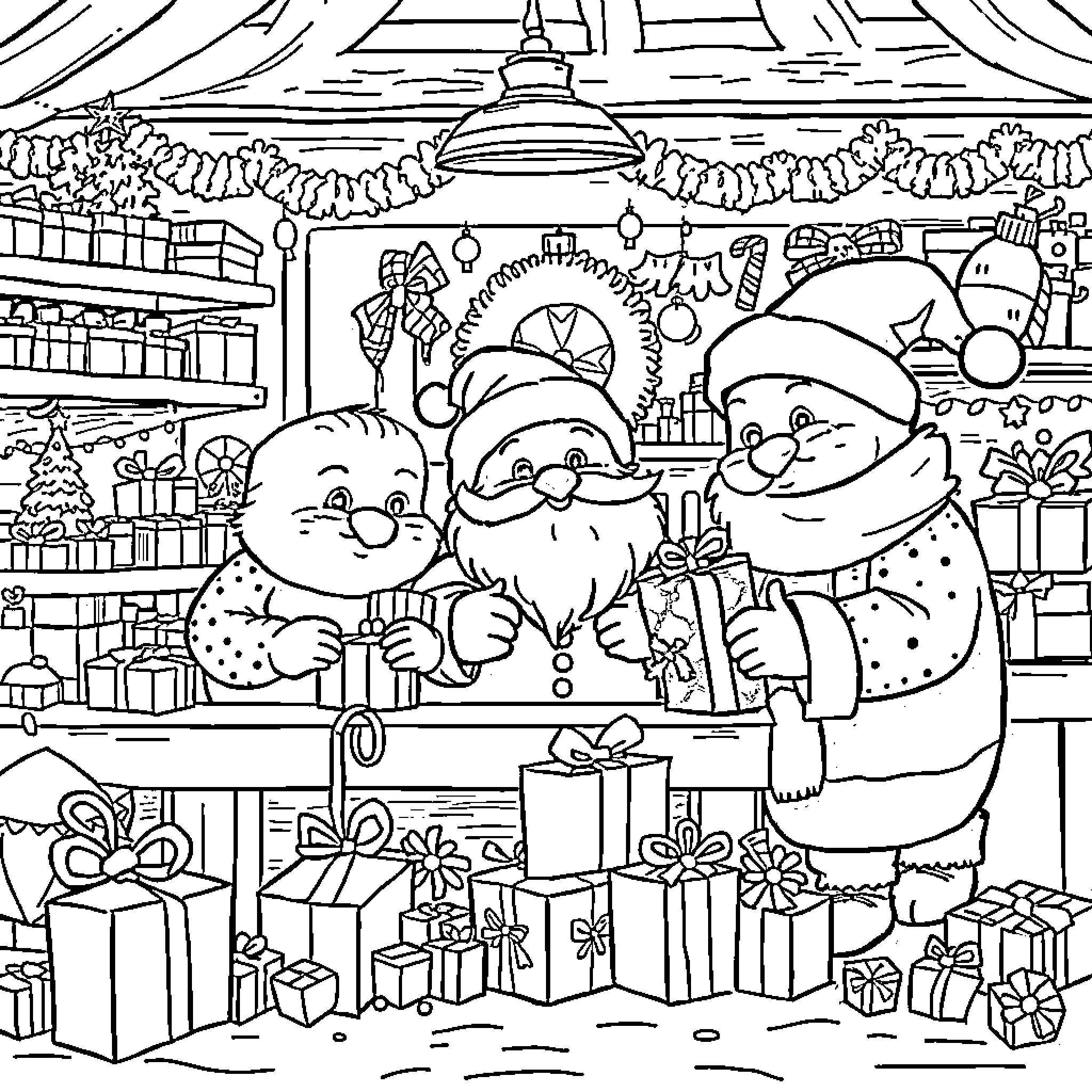 Lutin Elves Celebrating Christmas in a Festive Shop Coloring Page (free black-and-white line drawing printable PDF for all, from beginners to advanced learners, including children, teens, adults, and seniors)