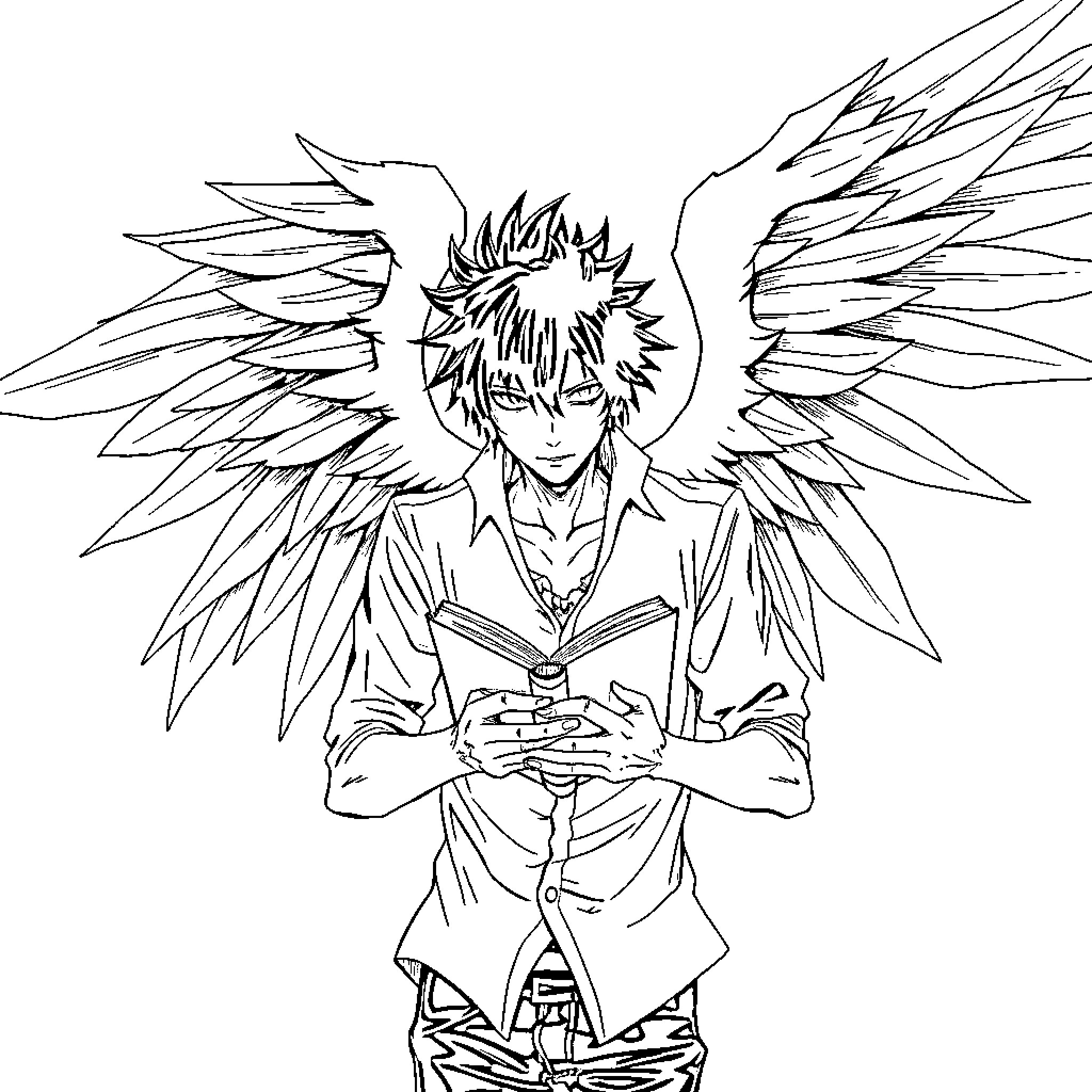 Ryuk the Angelic Figure with Outstretched Wings Coloring Page (free black-and-white line drawing printable PDF for all, from beginners to advanced learners, including children, teens, adults, and seniors)