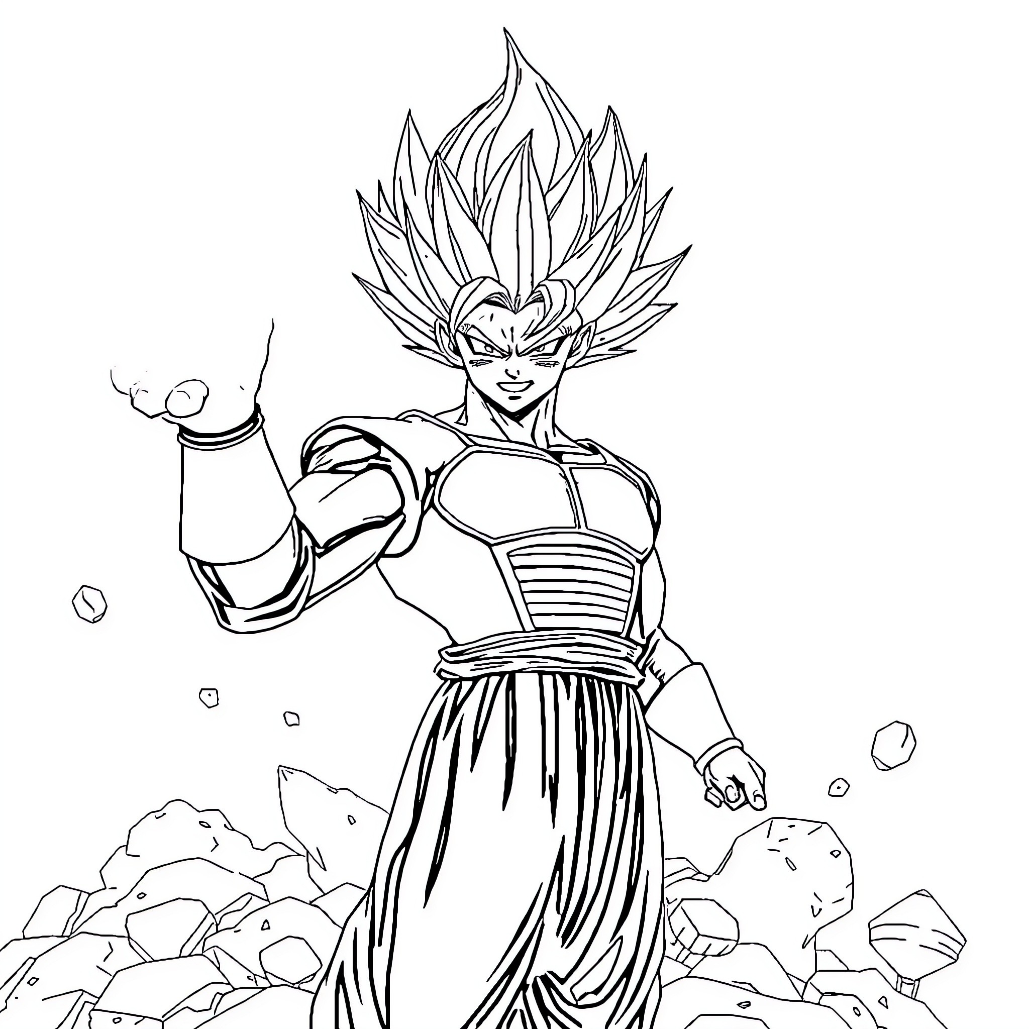 Vegeta in Powerful Warrior Stance Coloring Page (free black-and-white line drawing printable PDF for all, from beginners to advanced learners, including children, teens, adults, and seniors)