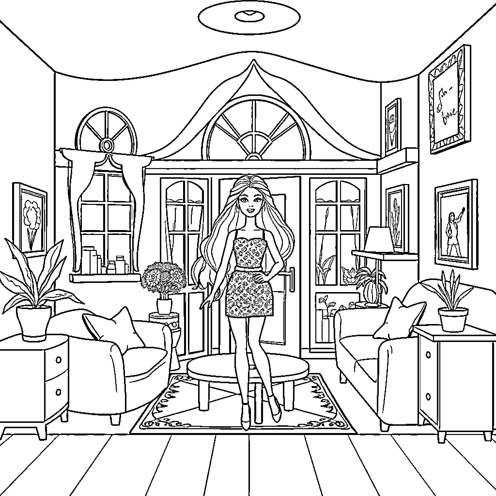 Barbie relaxing in a cozy living room Coloring Page (free black-and-white line drawing printable PDF for all, from beginners to advanced learners, including children, teens, adults, and seniors)