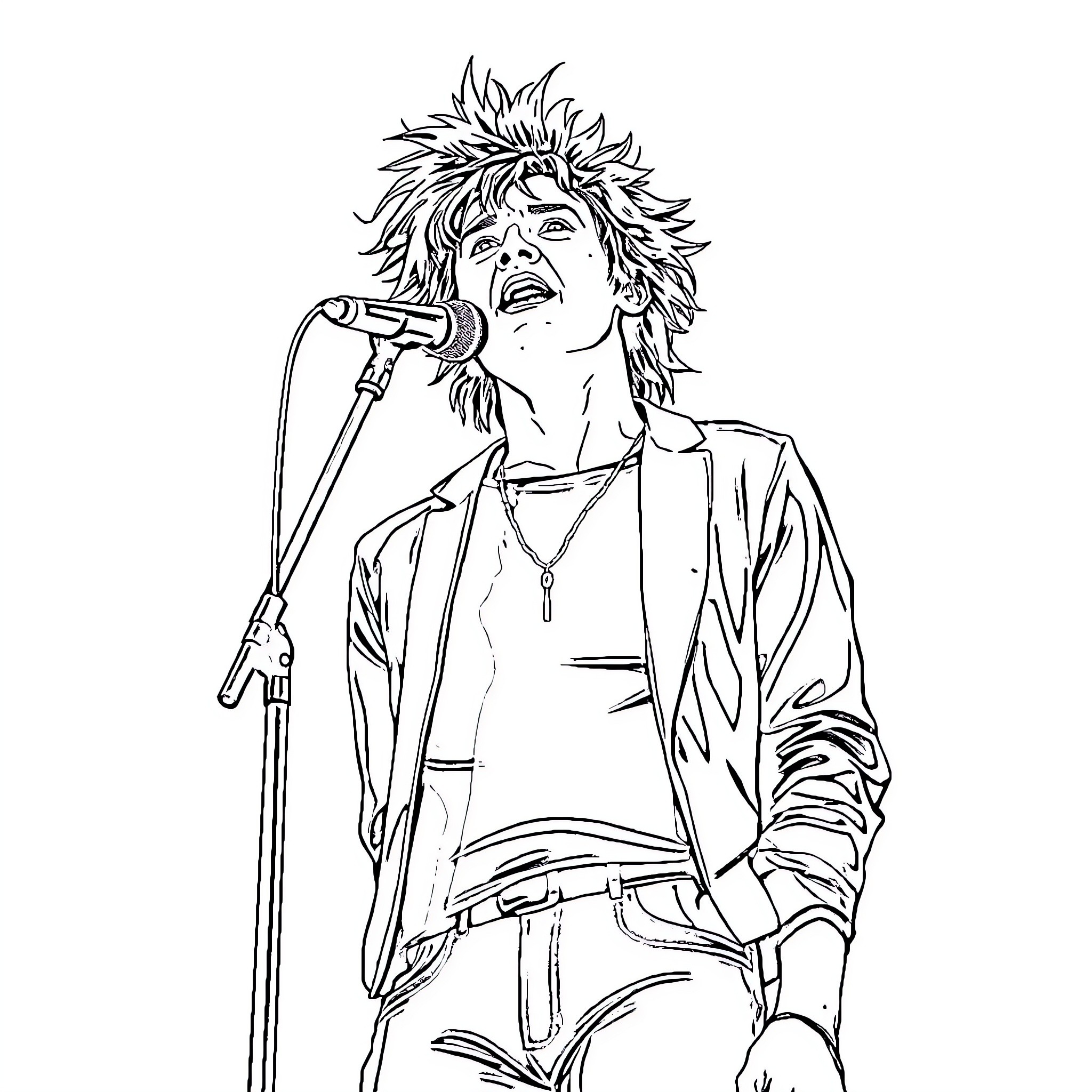 Robert Smith performing on stage with microphone Coloring Page (free black-and-white line drawing printable PDF for all, from beginners to advanced learners, including children, teens, adults, and seniors)