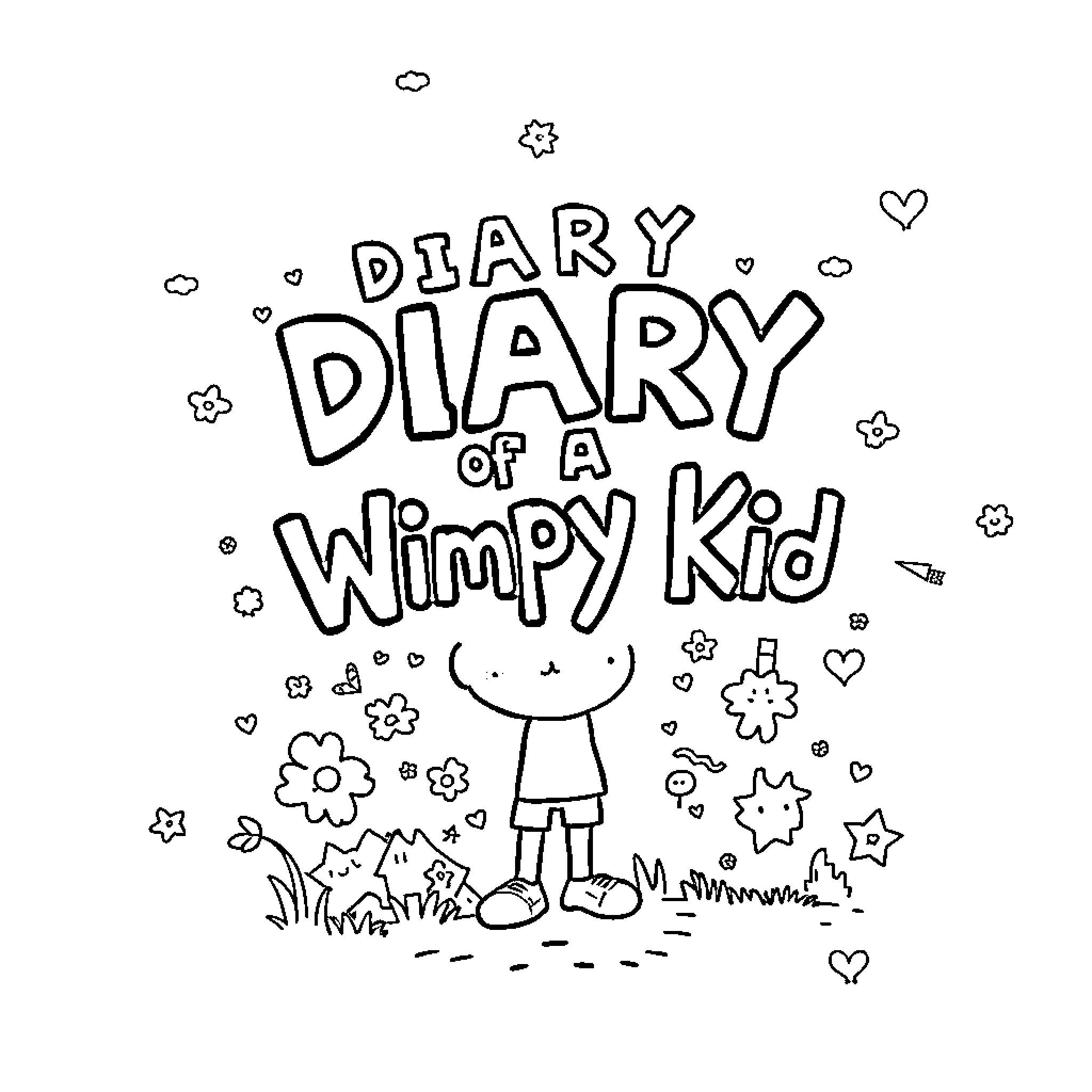 Diary of a Wimpy Kid playing outdoors with nature Coloring Page (free black-and-white line drawing printable PDF for all, from beginners to advanced learners, including children, teens, adults, and seniors)
