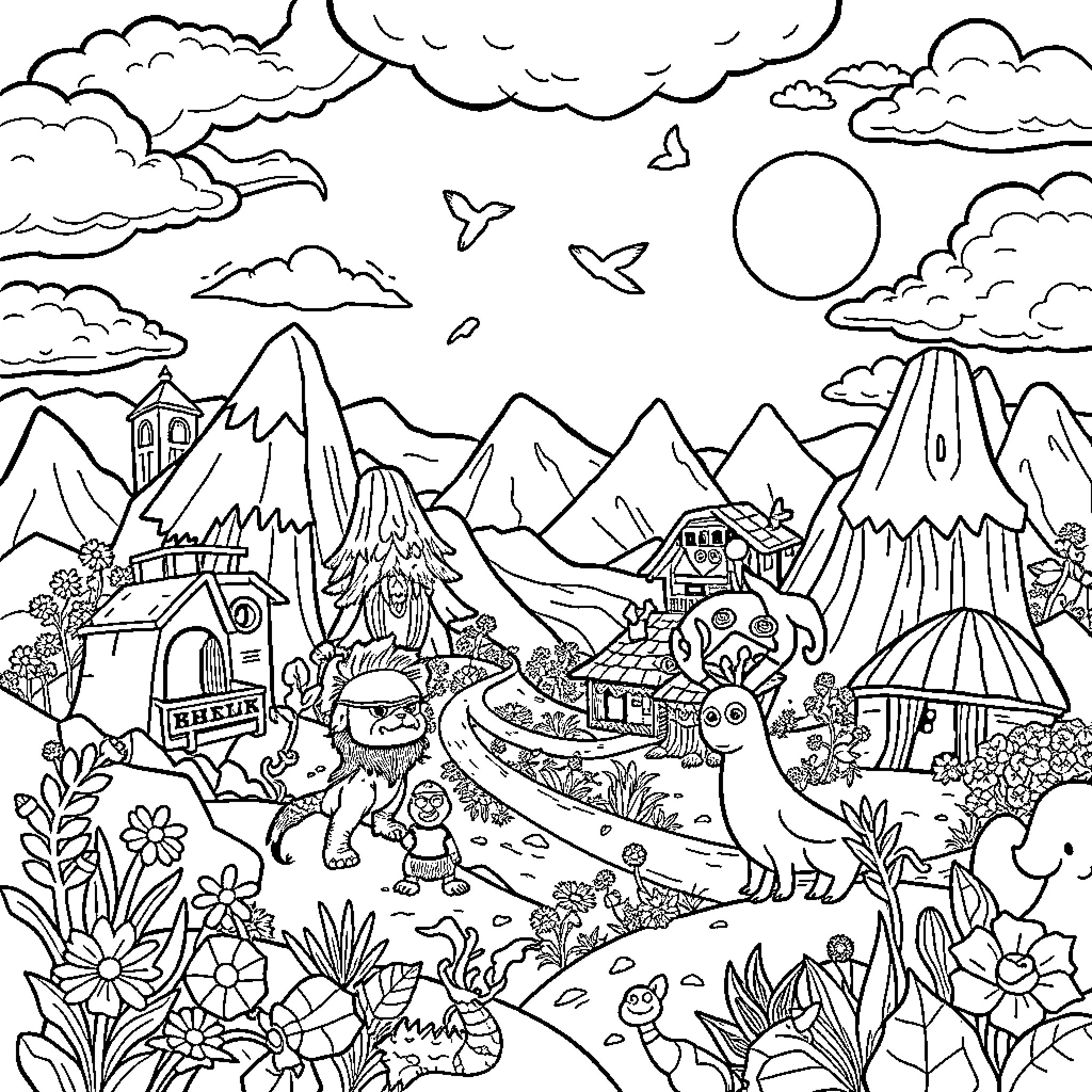 Palworld: Fantastical Creatures Roaming Enchanted Landscapes Coloring Page (free black-and-white line drawing printable PDF for all, from beginners to advanced learners, including children, teens, adults, and seniors)