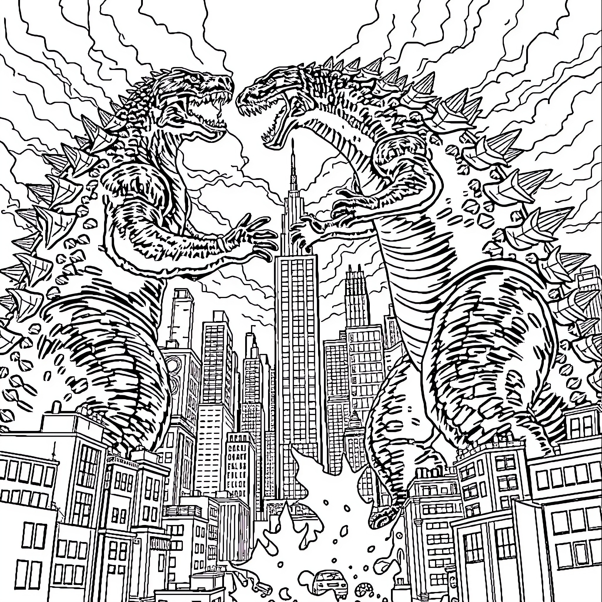 Godzilla Monsters Rampage Through the City Coloring Page (free black-and-white line drawing printable PDF for all, from beginners to advanced learners, including children, teens, adults, and seniors)
