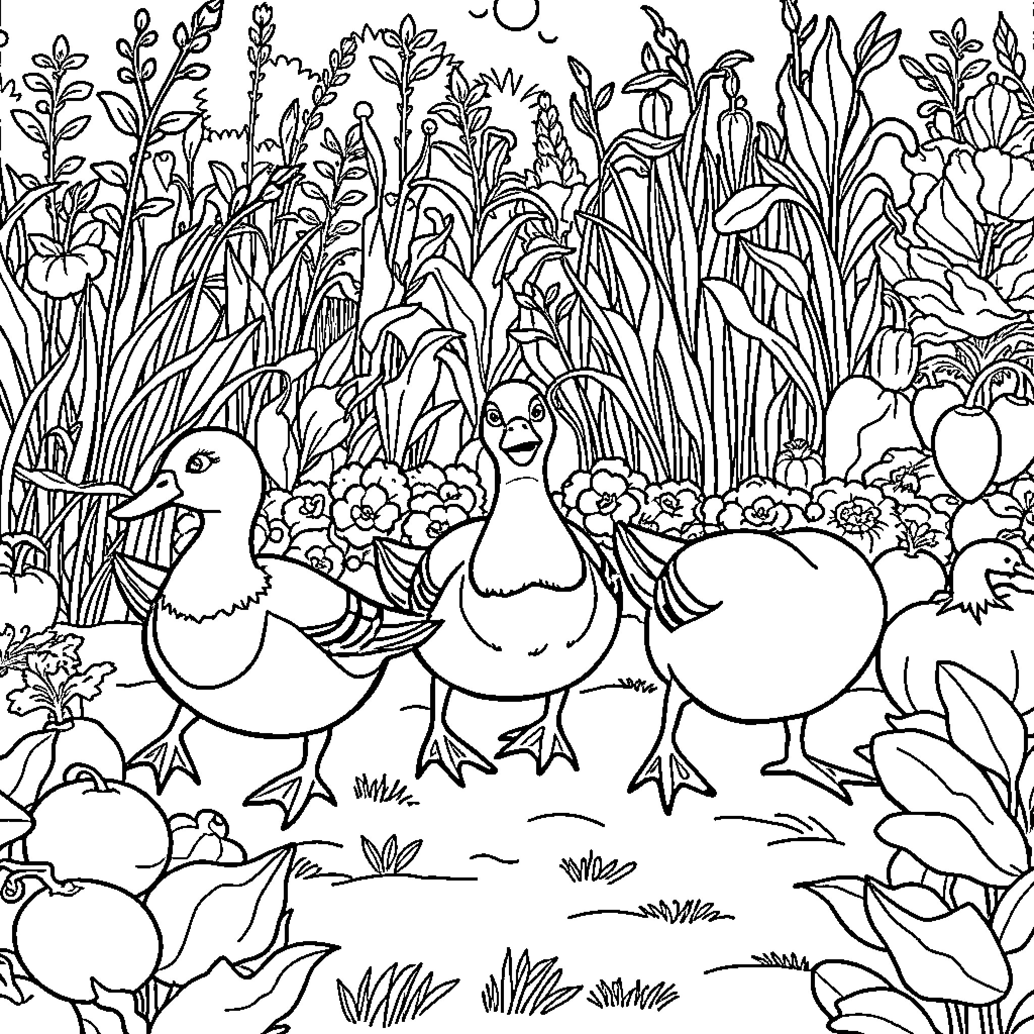 Duck family in lush garden scene Coloring Page (free black-and-white line drawing printable PDF for all, from beginners to advanced learners, including children, teens, adults, and seniors)