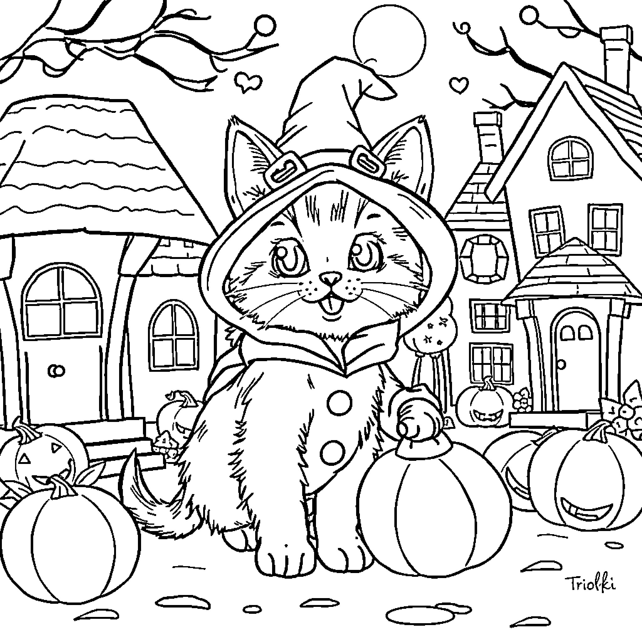 Kitten exploring a cozy autumn scene Coloring Page (free black-and-white line drawing printable PDF for all, from beginners to advanced learners, including children, teens, adults, and seniors)