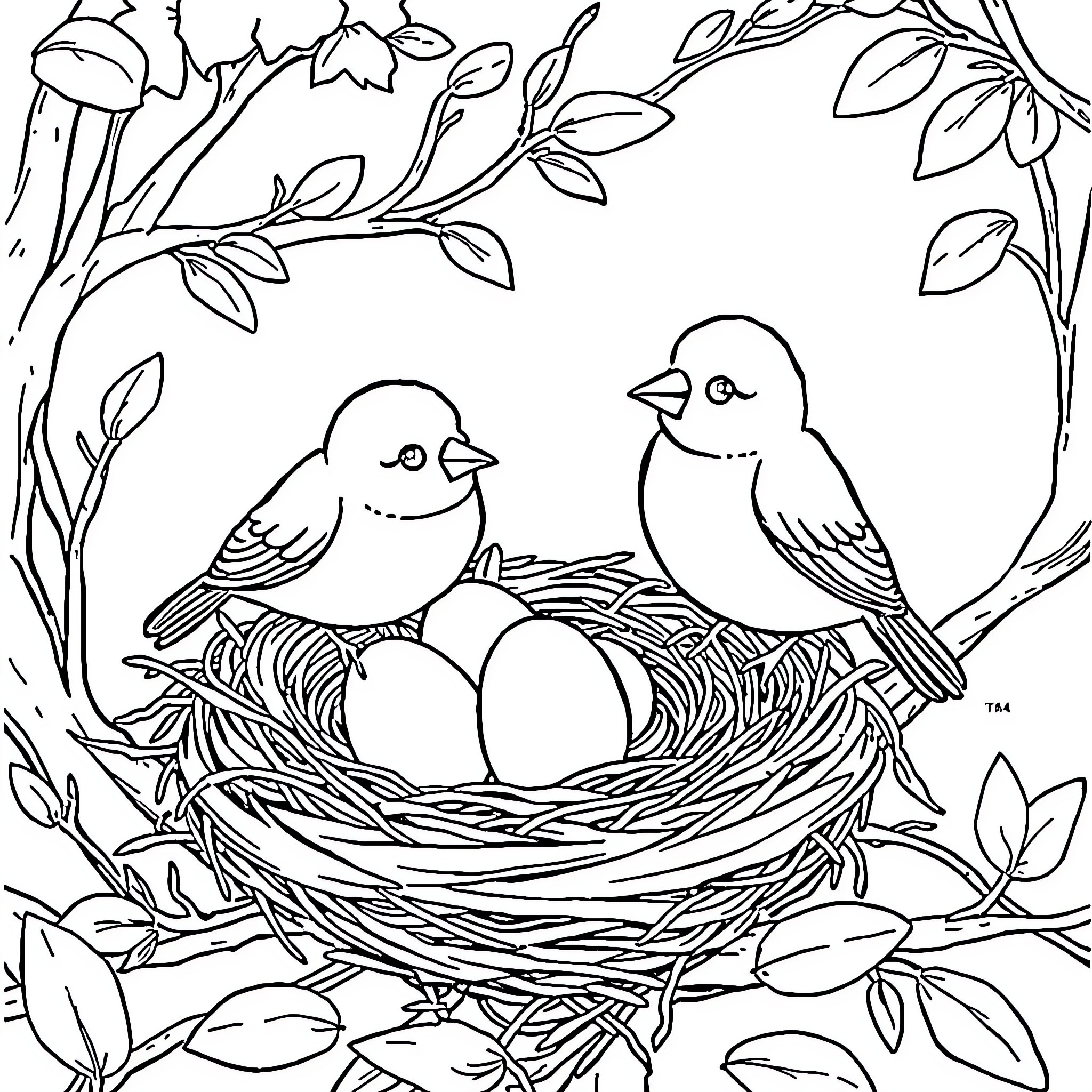 Birds nesting in foliage Coloring Page (free black-and-white line drawing printable PDF for all, from beginners to advanced learners, including children, teens, adults, and seniors)
