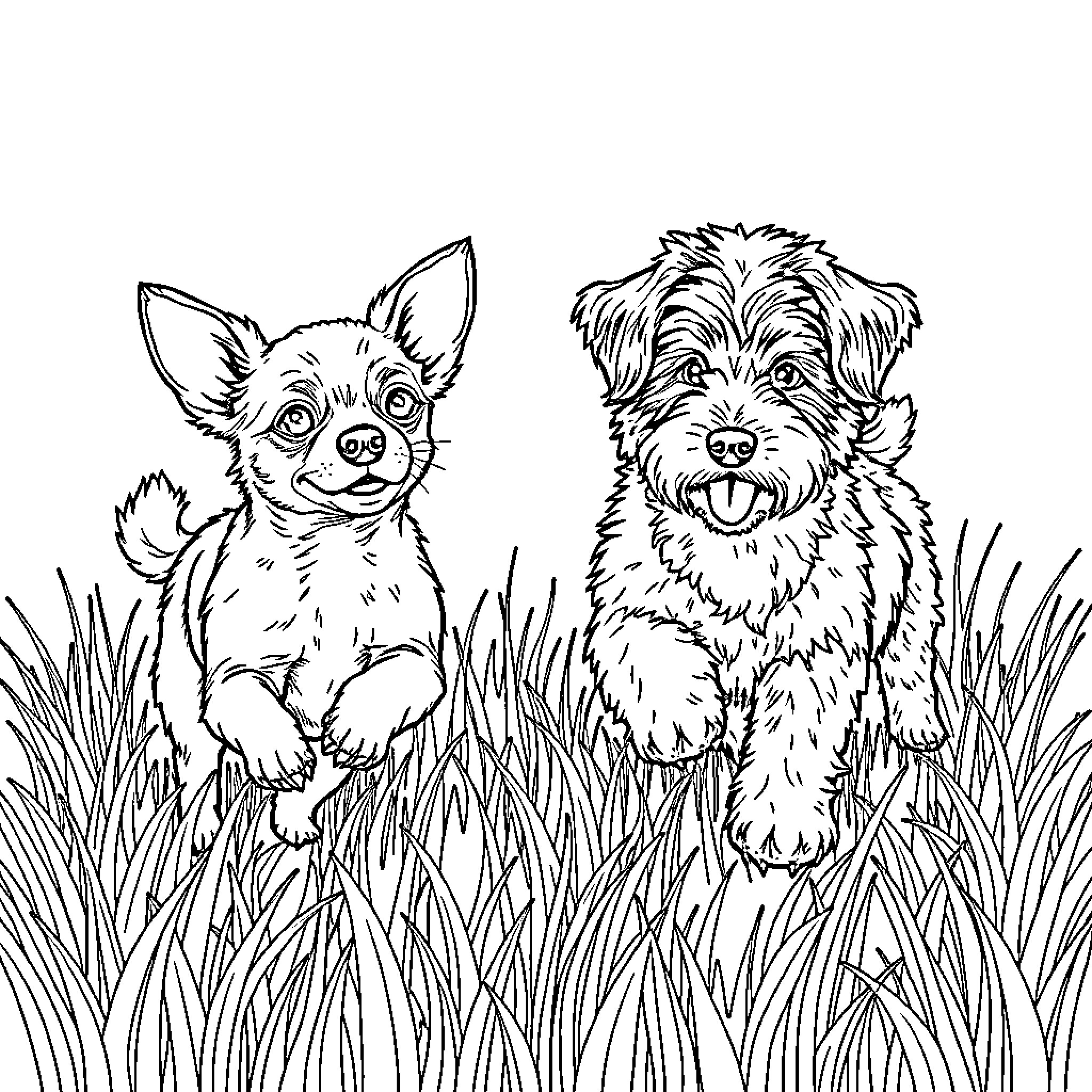 Chihuahua and Terrier Playing in the Grass Coloring Page (free black-and-white line drawing printable PDF for all, from beginners to advanced learners, including children, teens, adults, and seniors)