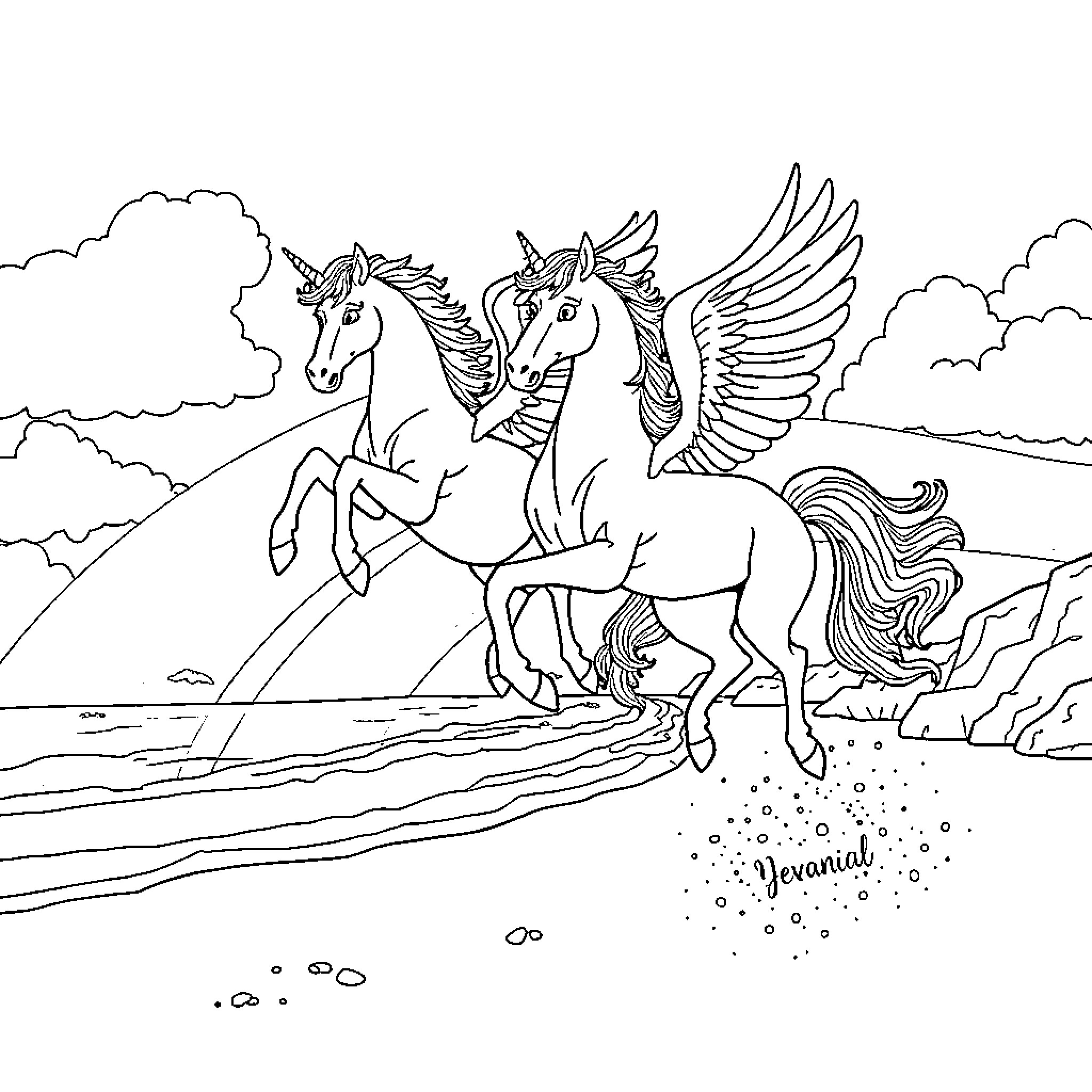 Pegasus horses soaring over a magical landscape Coloring Page (free black-and-white line drawing printable PDF for all, from beginners to advanced learners, including children, teens, adults, and seniors)