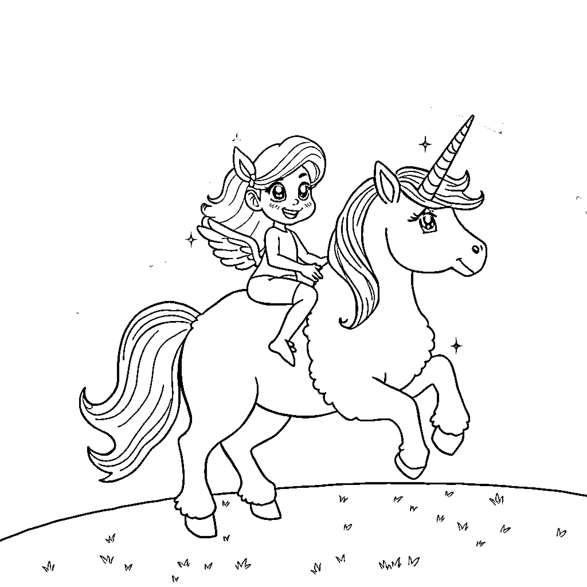 Bluey Riding a Magical Unicorn Coloring Page (free black-and-white line drawing printable PDF for all, from beginners to advanced learners, including children, teens, adults, and seniors)