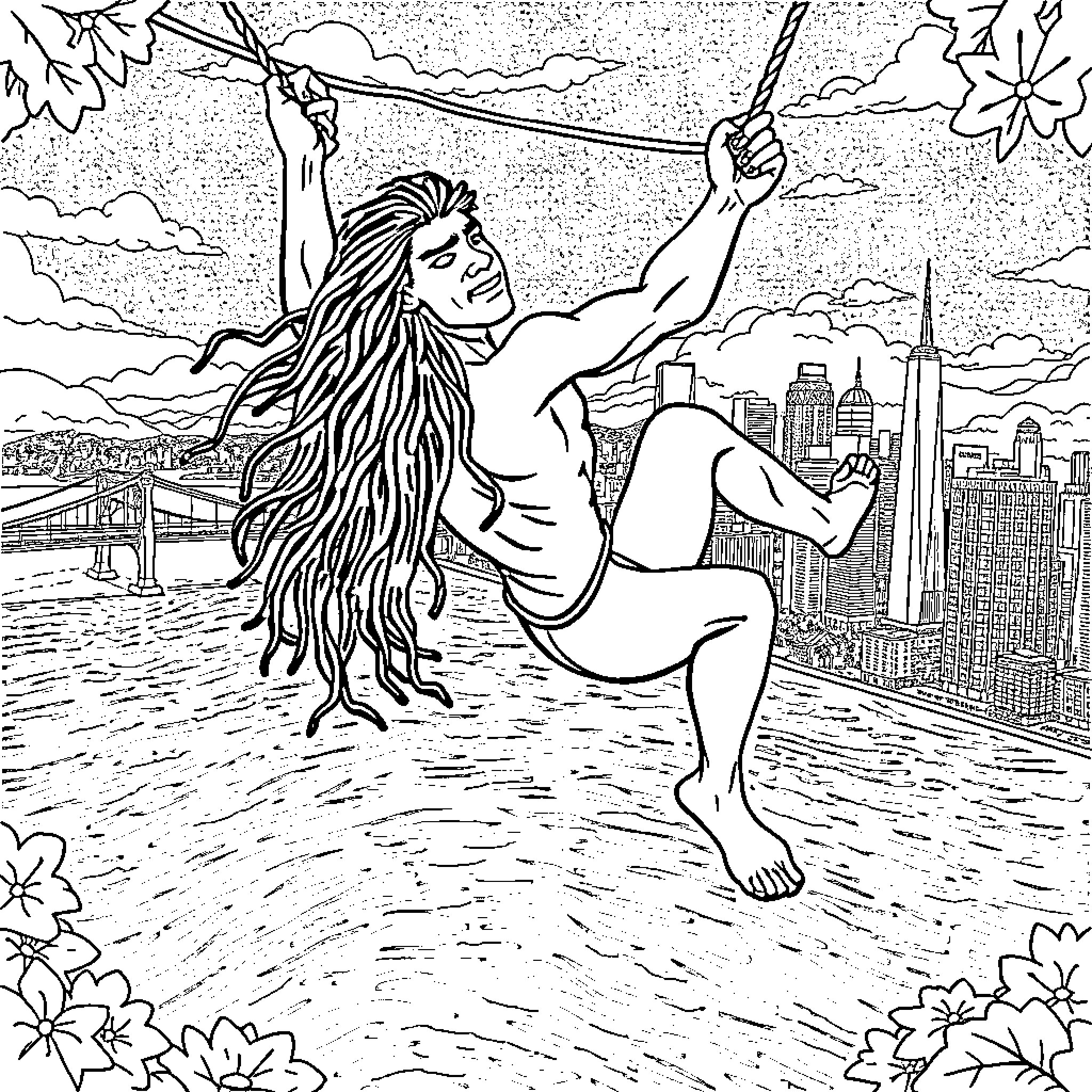 Tarzan swinging through the jungle with city skyline Coloring Page (free black-and-white line drawing printable PDF for all, from beginners to advanced learners, including children, teens, adults, and seniors)