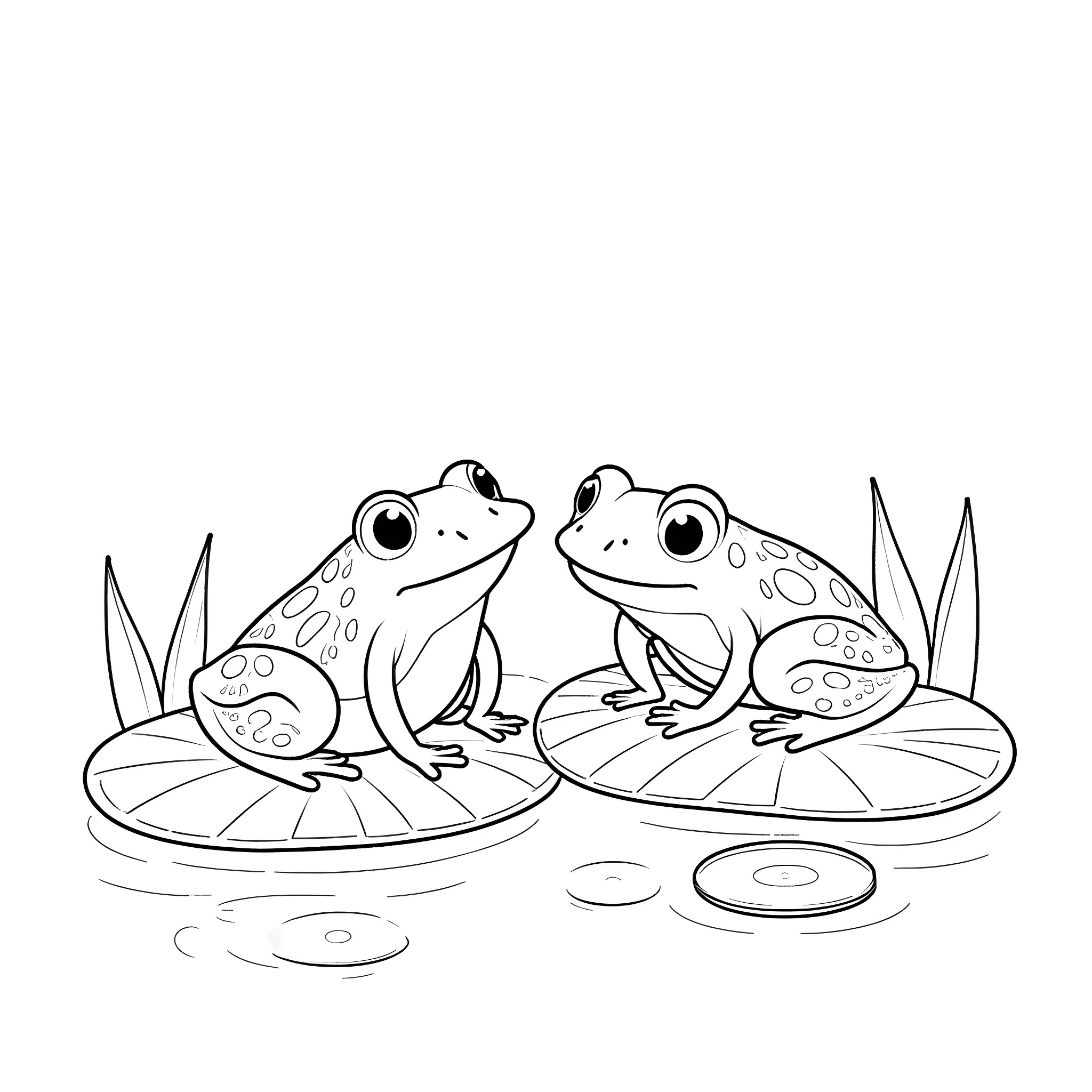 Frog couple sitting on lily pads Coloring Page (free black-and-white line drawing printable PDF for all, from beginners to advanced learners, including children, teens, adults, and seniors)