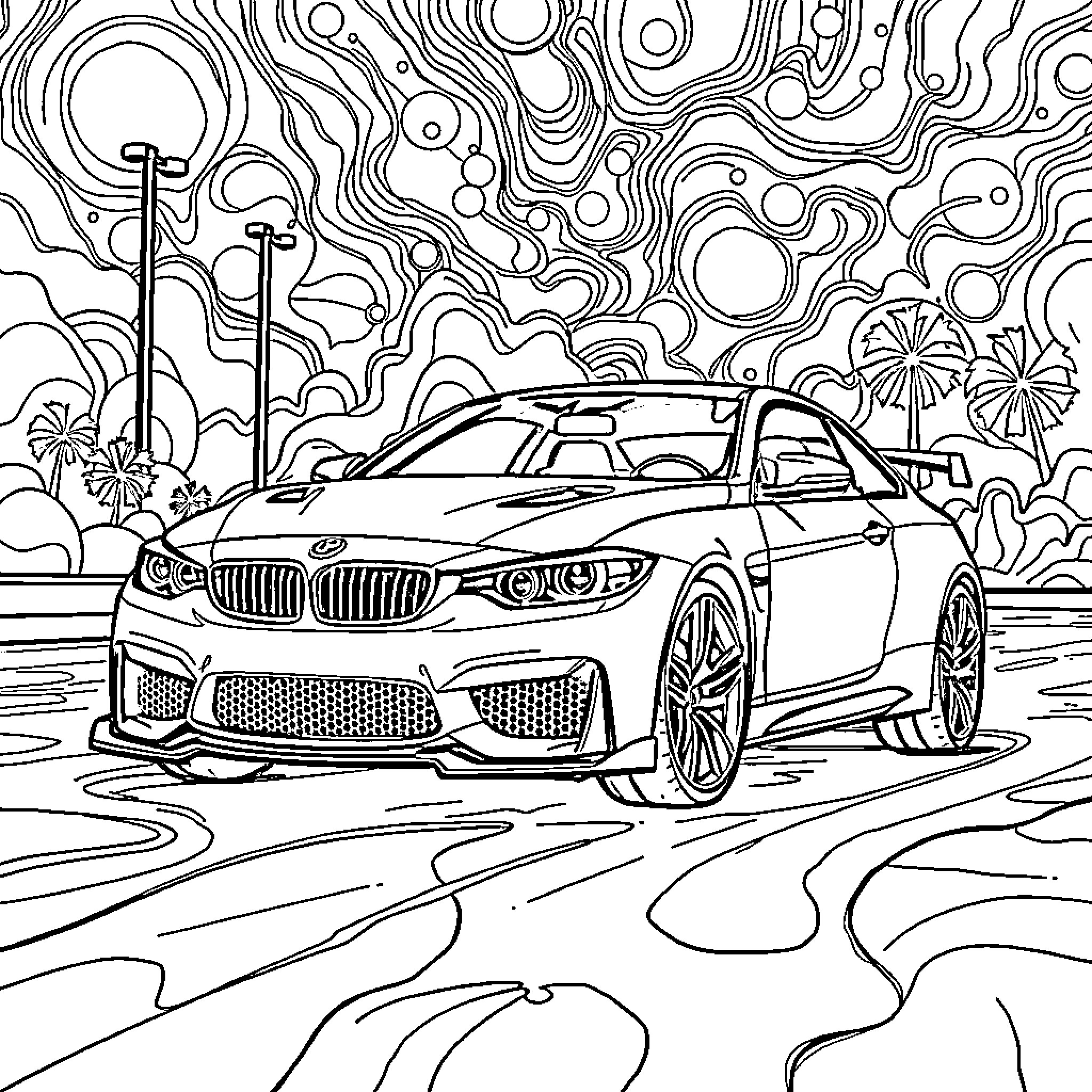 Auto Deportivo in Vibrant Landscape Coloring Page (free black-and-white line drawing printable PDF for all, from beginners to advanced learners, including children, teens, adults, and seniors)