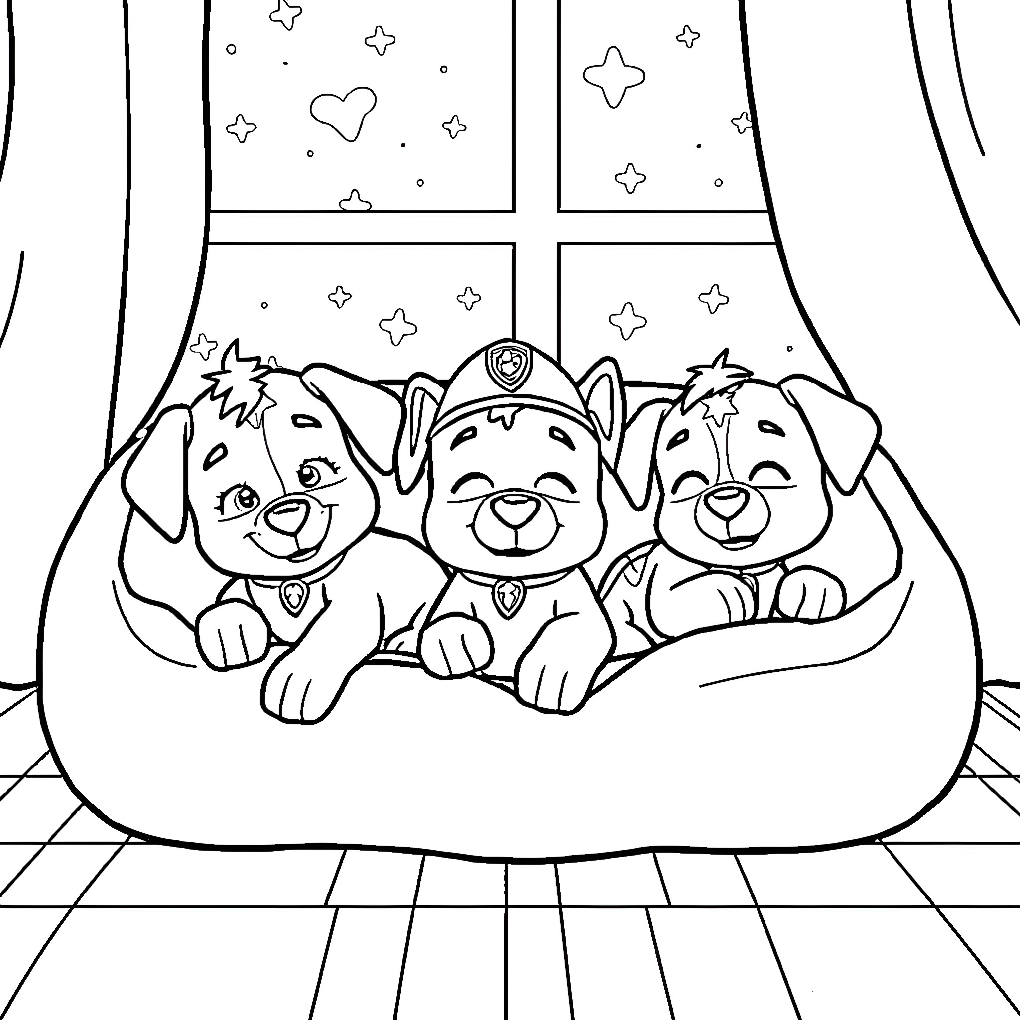 Paw Patrol puppies enjoying a cozy night Coloring Page (free black-and-white line drawing printable PDF for all, from beginners to advanced learners, including children, teens, adults, and seniors)