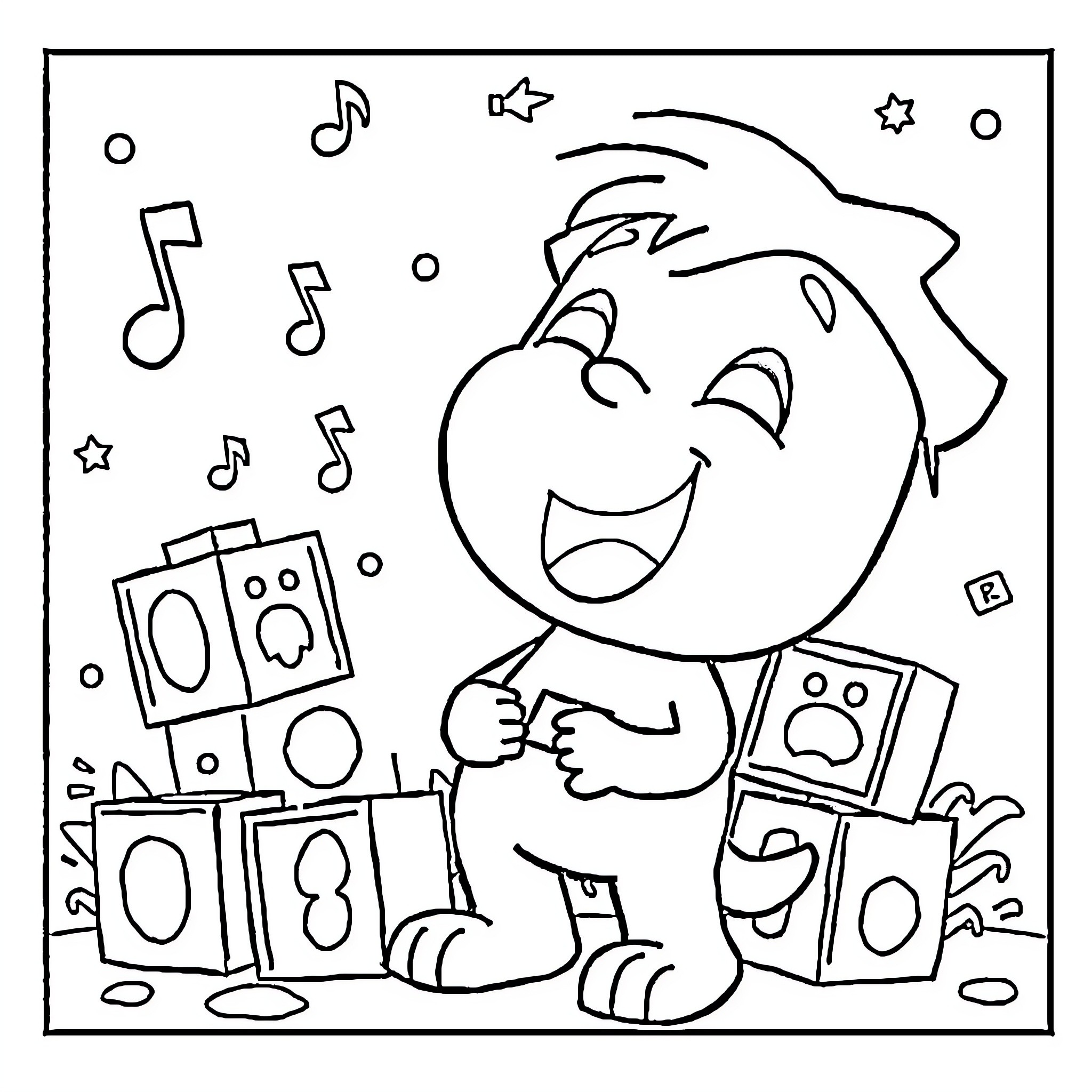 Poco Yo enjoying music and entertainment Coloring Page (free black-and-white line drawing printable PDF for all, from beginners to advanced learners, including children, teens, adults, and seniors)