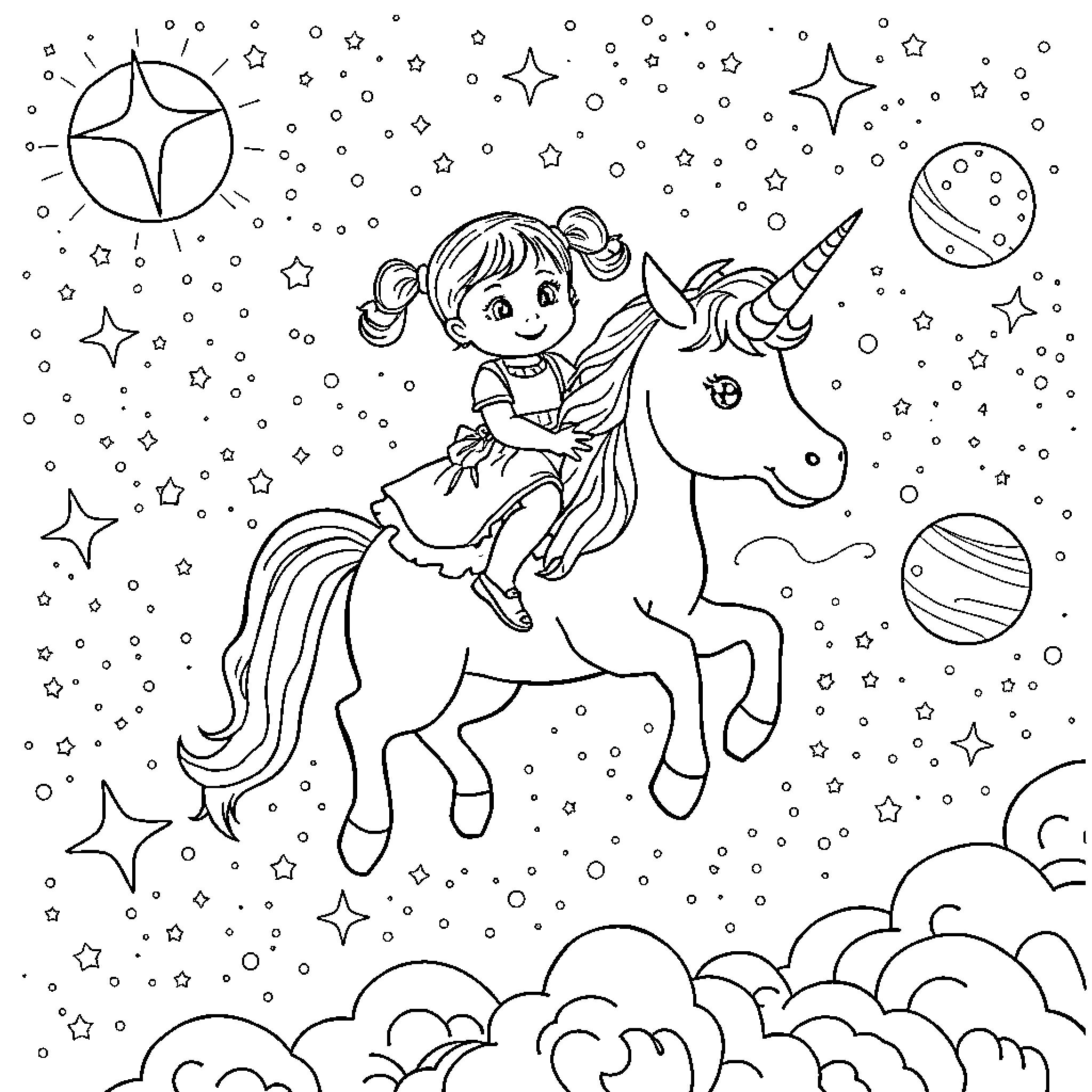 Unicorn girl riding magical creature in starry night Coloring Page (free black-and-white line drawing printable PDF for all, from beginners to advanced learners, including children, teens, adults, and seniors)