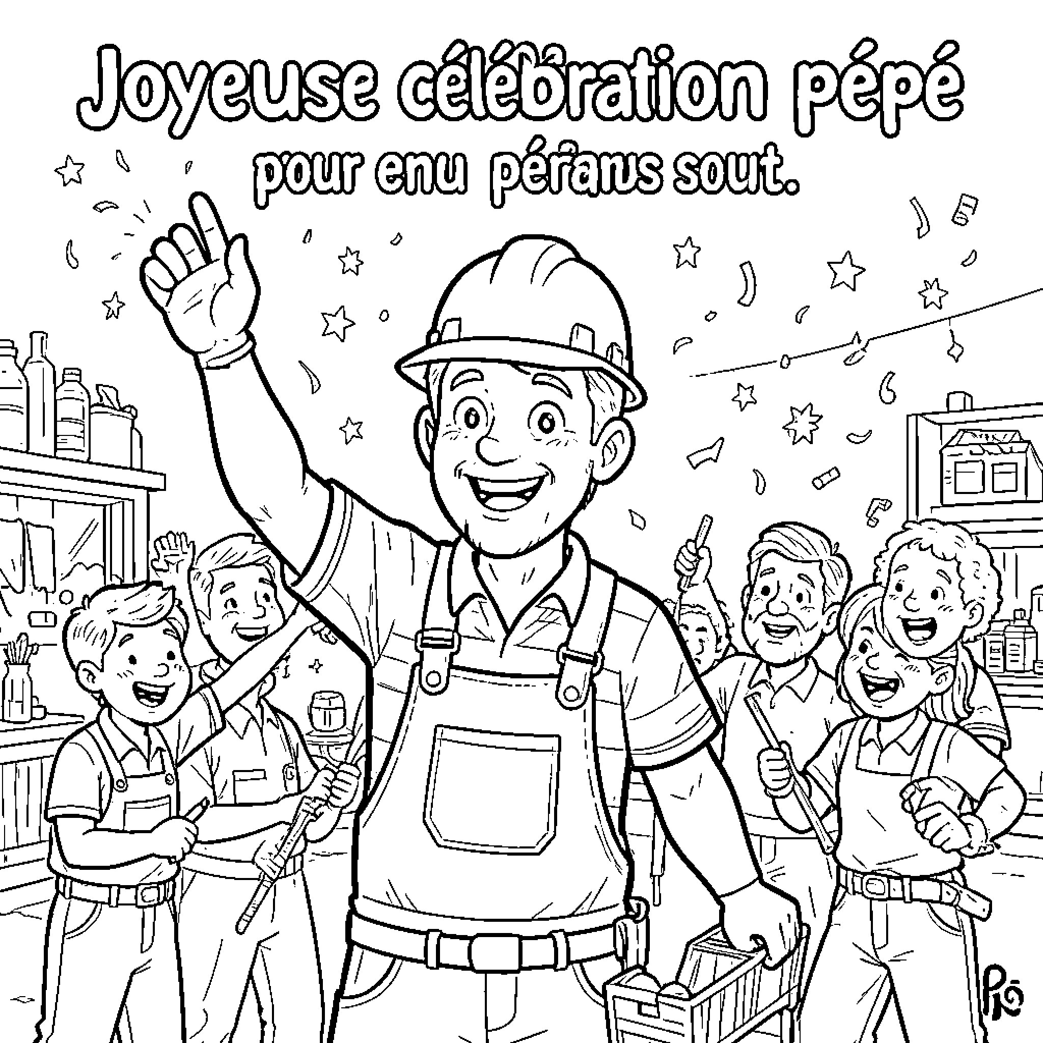 Bricoleur celebrating joyfully with his happy family Coloring Page (free black-and-white line drawing printable PDF for all, from beginners to advanced learners, including children, teens, adults, and seniors)