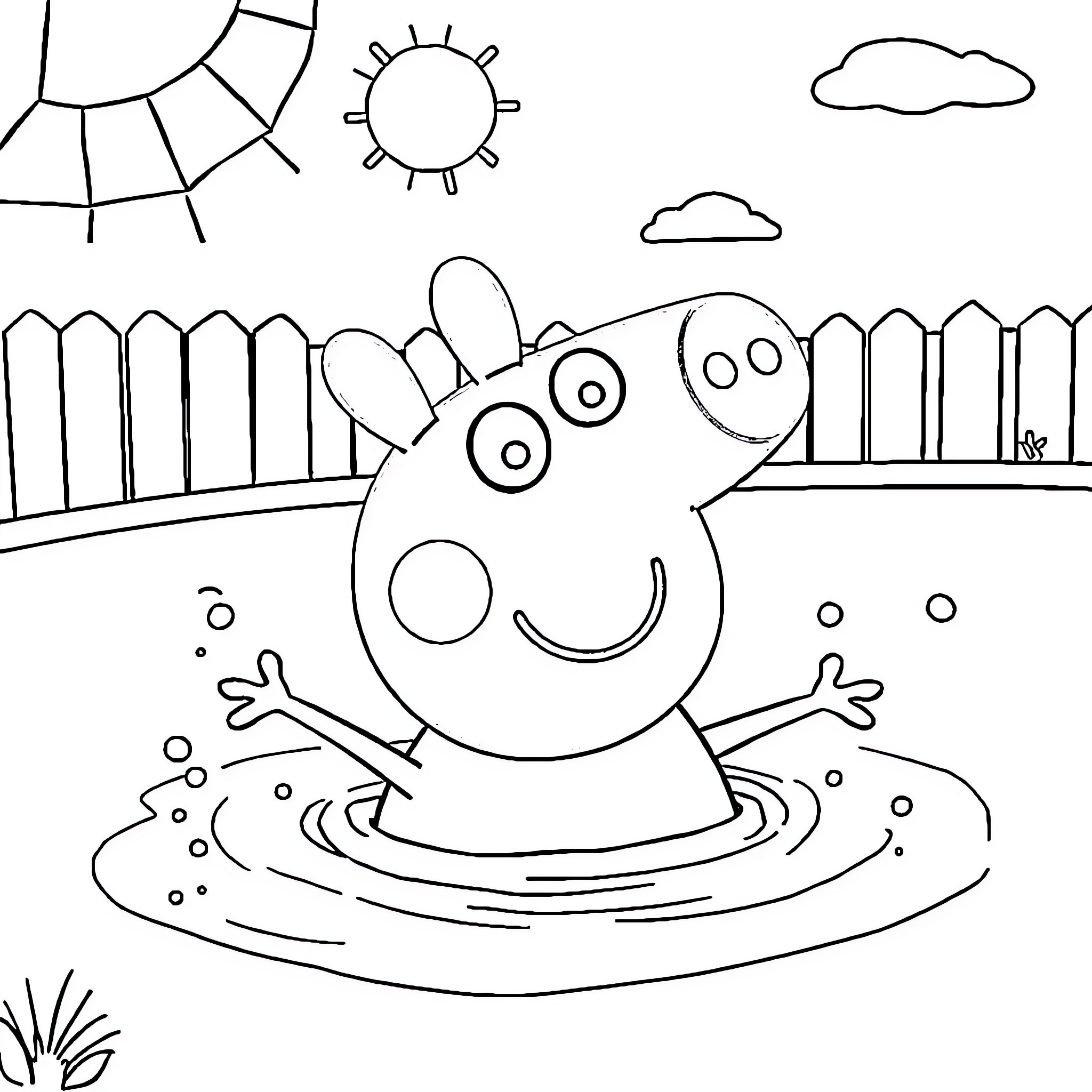 Peppa Pig playing happily in the sun Coloring Page (free black-and-white line drawing printable PDF for all, from beginners to advanced learners, including children, teens, adults, and seniors)