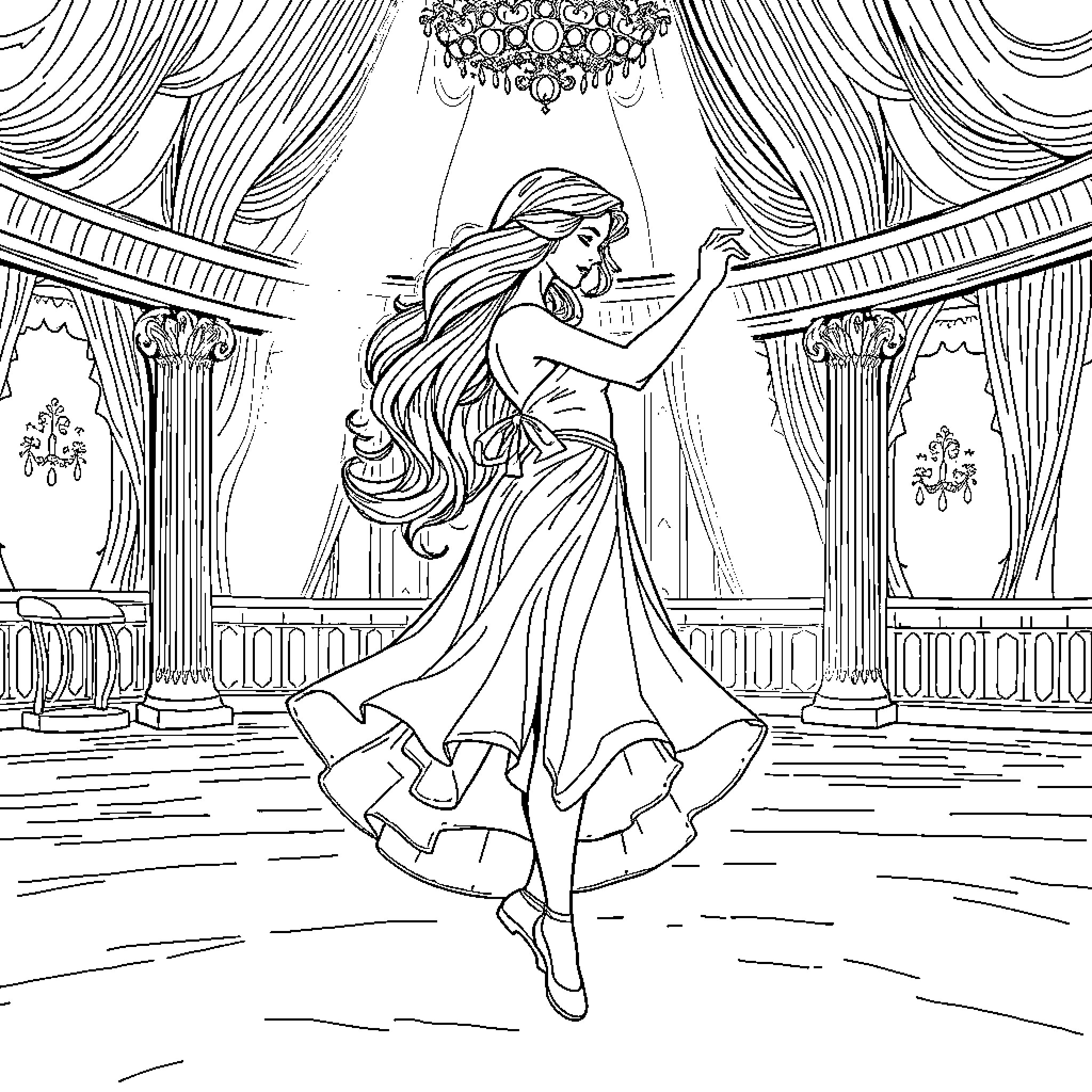 Raiponce's Elegant Ballroom Dance Coloring Page (free black-and-white line drawing printable PDF for all, from beginners to advanced learners, including children, teens, adults, and seniors)