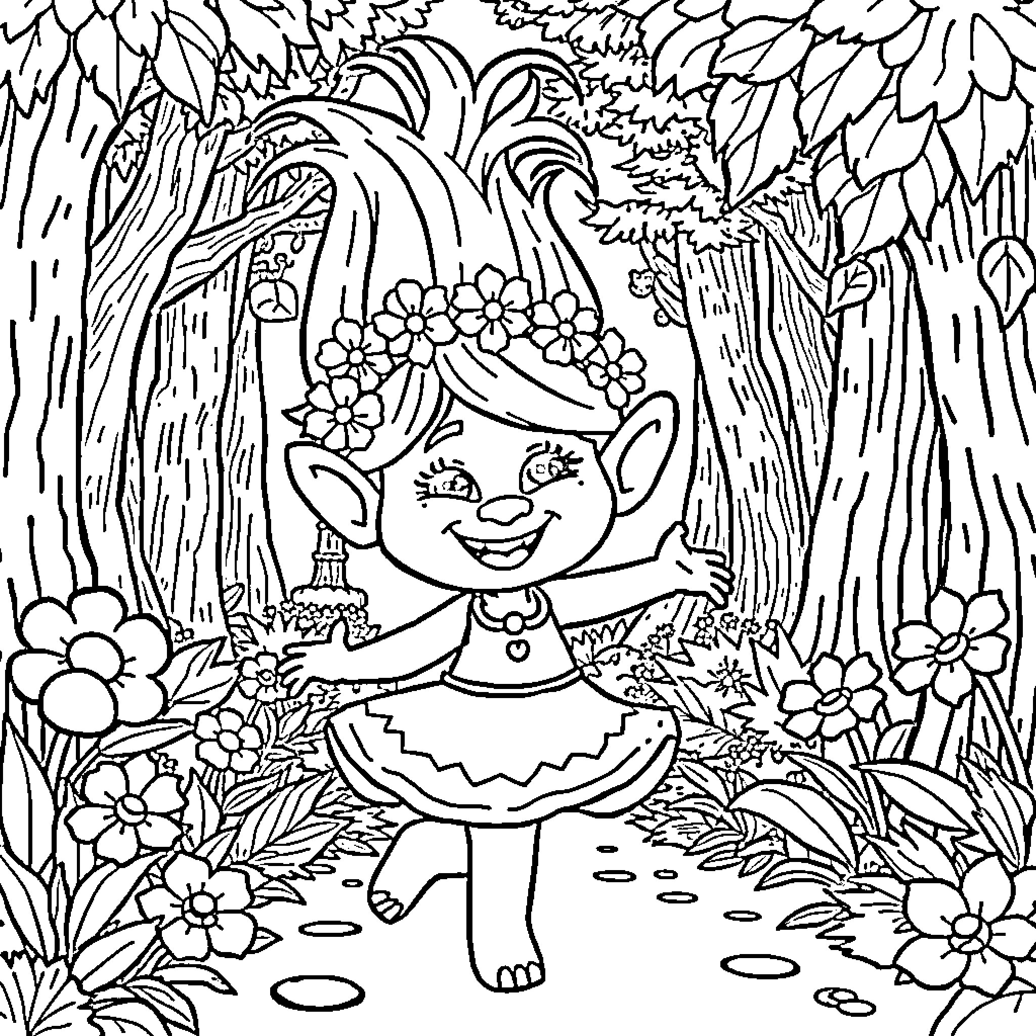 Poppy's Floral Adventure in the Forest Coloring Page (free black-and-white line drawing printable PDF for all, from beginners to advanced learners, including children, teens, adults, and seniors)