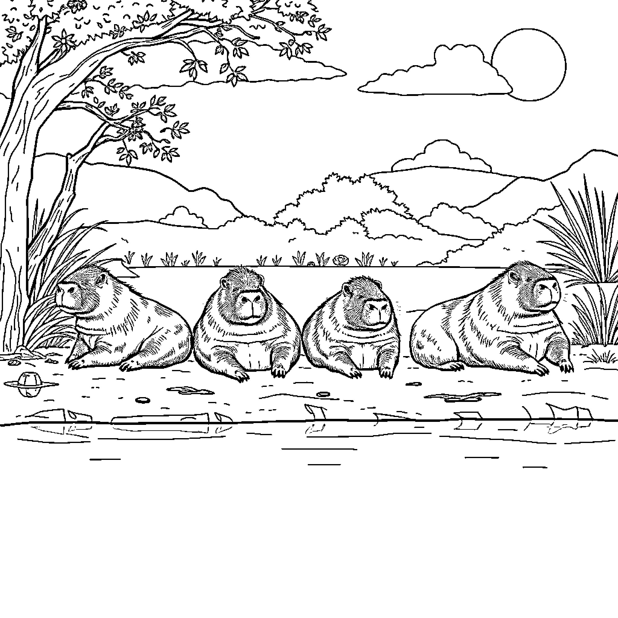 Capybara enjoying a peaceful day in their natural habitat Coloring Page (free black-and-white line drawing printable PDF for all, from beginners to advanced learners, including children, teens, adults, and seniors)
