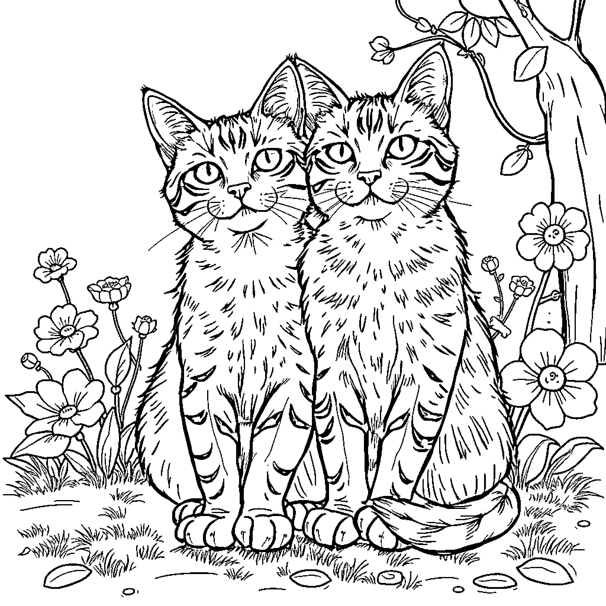 Cat Companions Sitting Amidst Flowers Coloring Page (free black-and-white line drawing printable PDF for all, from beginners to advanced learners, including children, teens, adults, and seniors)
