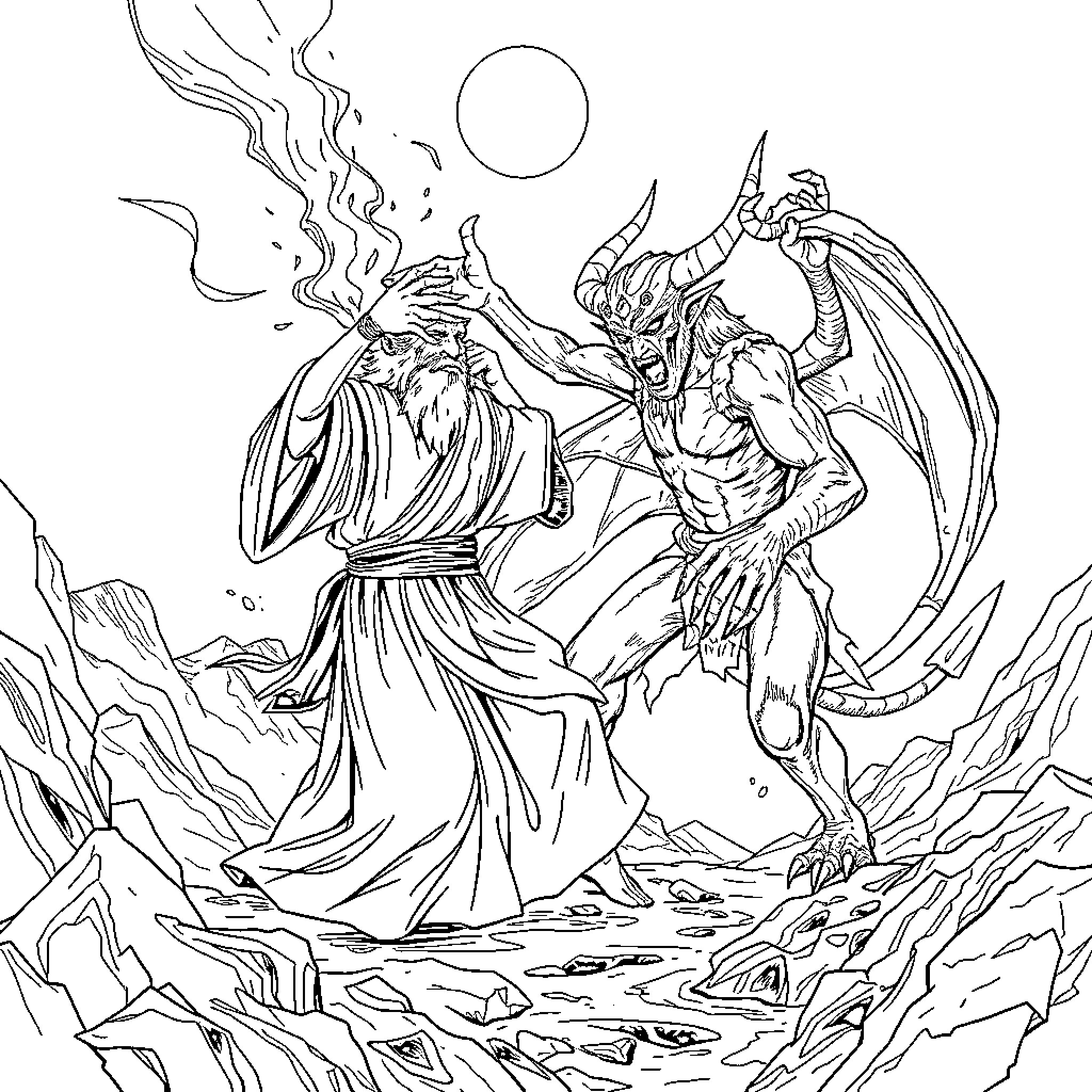 Rumi's Mystical Encounter with a Fantastical Creature Coloring Page (free black-and-white line drawing printable PDF for all, from beginners to advanced learners, including children, teens, adults, and seniors)