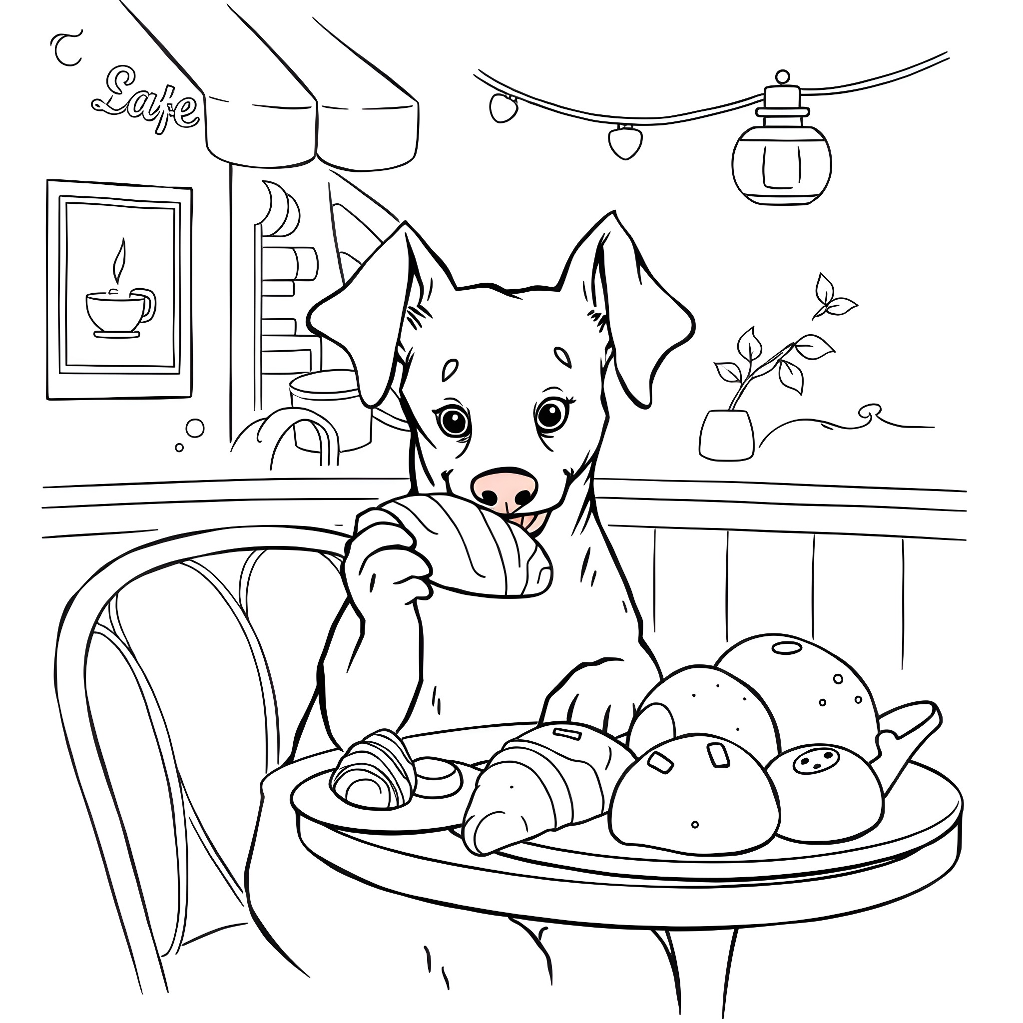 Sausage Dog enjoying pastries at the cafe Coloring Page (free black-and-white line drawing printable PDF for all, from beginners to advanced learners, including children, teens, adults, and seniors)