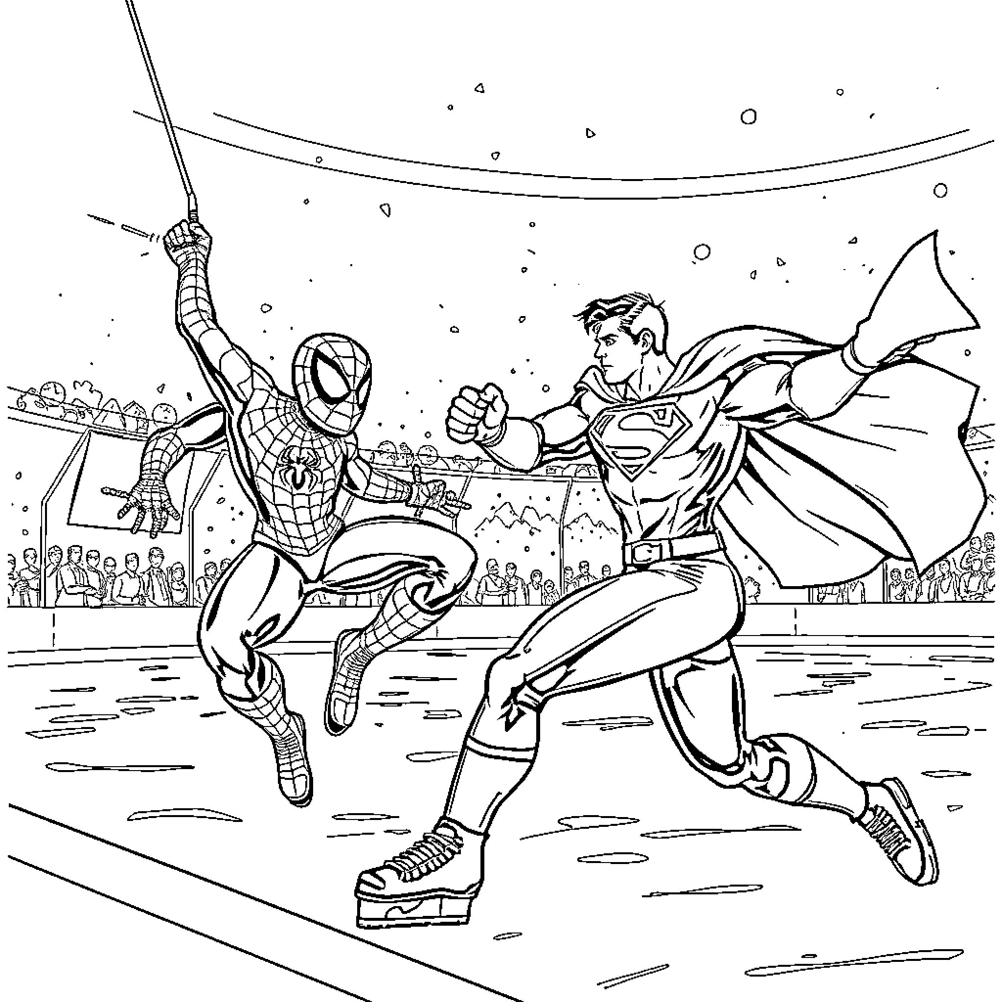 Superhero Showdown on the Ice Rink Coloring Page (free black-and-white line drawing printable PDF for all, from beginners to advanced learners, including children, teens, adults, and seniors)
