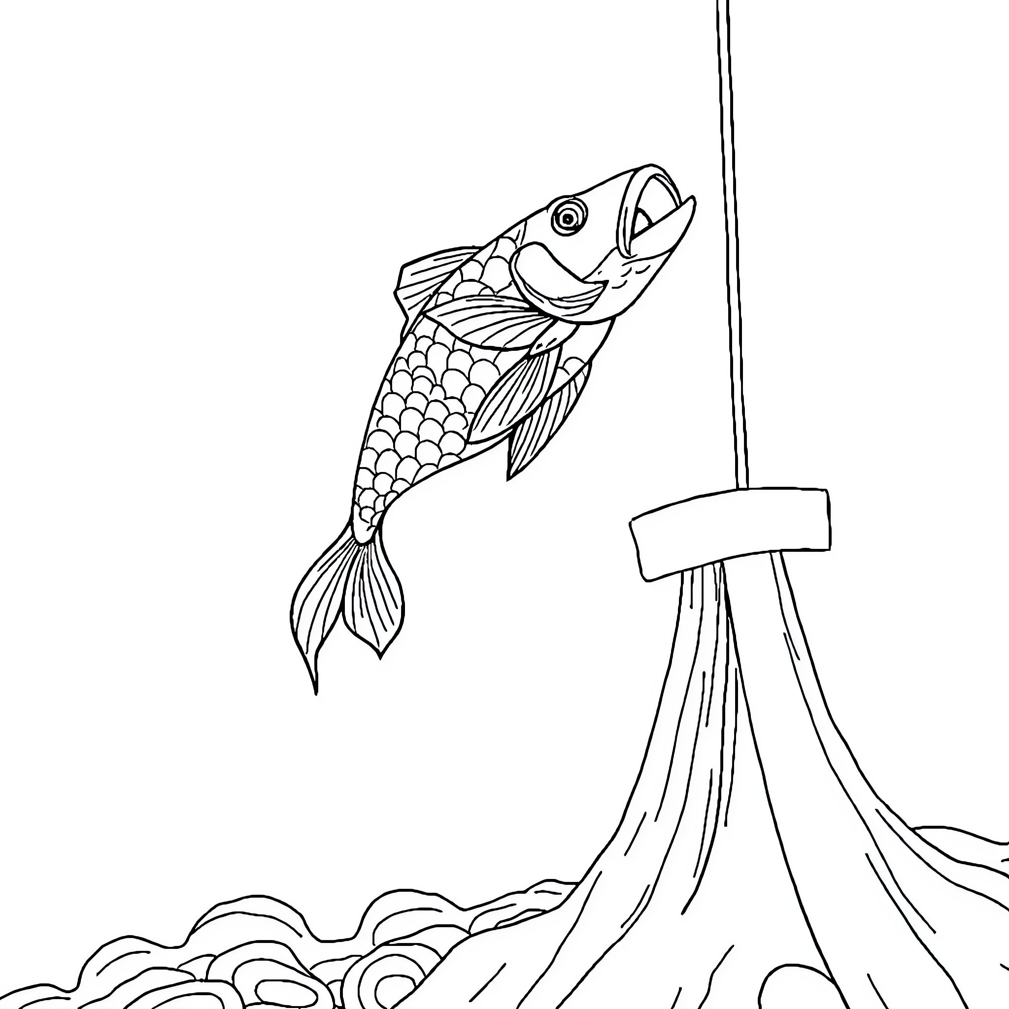 Fish Jumping Towards Bait on Fishing Hook Coloring Page (free black-and-white line drawing printable PDF for all, from beginners to advanced learners, including children, teens, adults, and seniors)