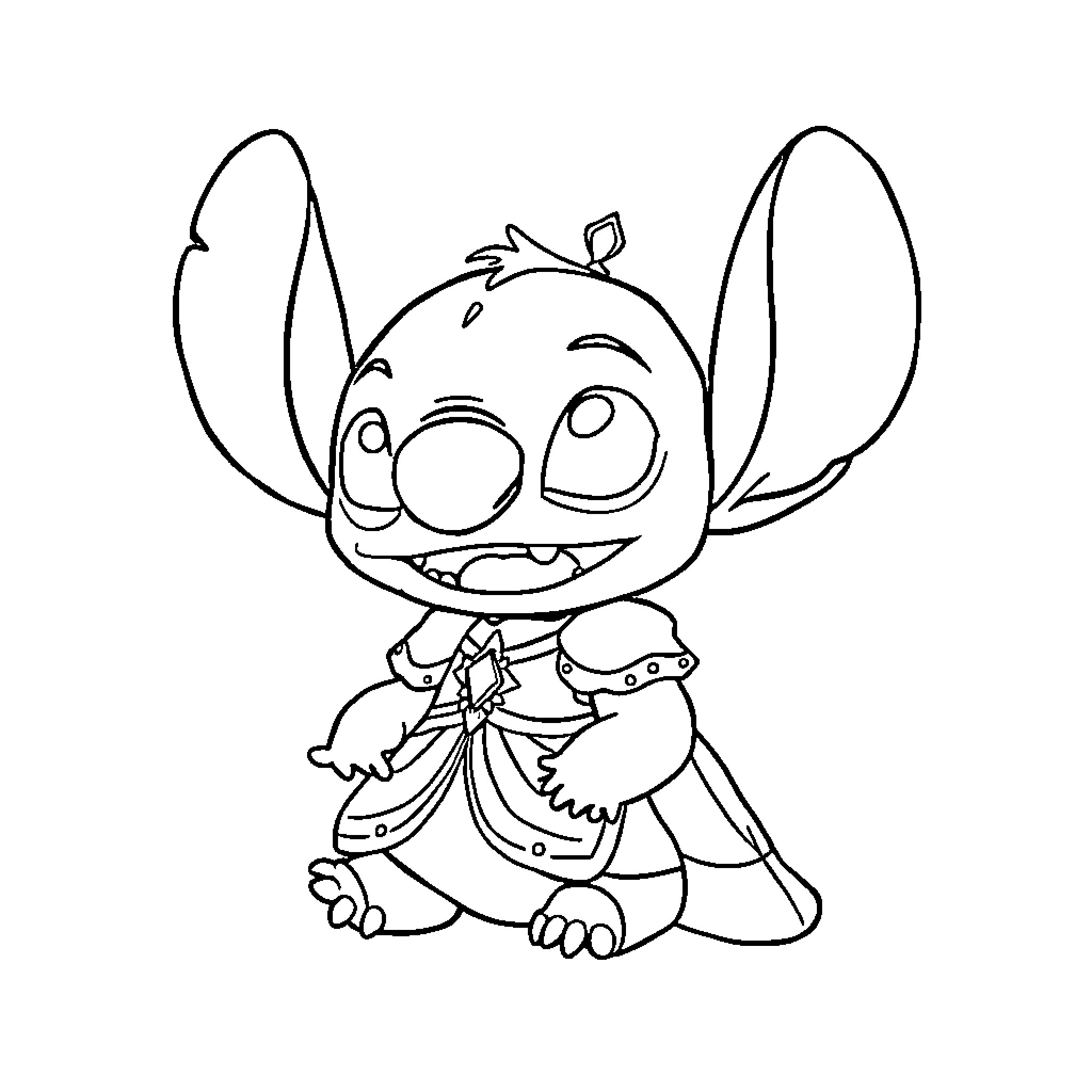 Stitch dancing in a playful outfit Coloring Page (free black-and-white line drawing printable PDF for all, from beginners to advanced learners, including children, teens, adults, and seniors)