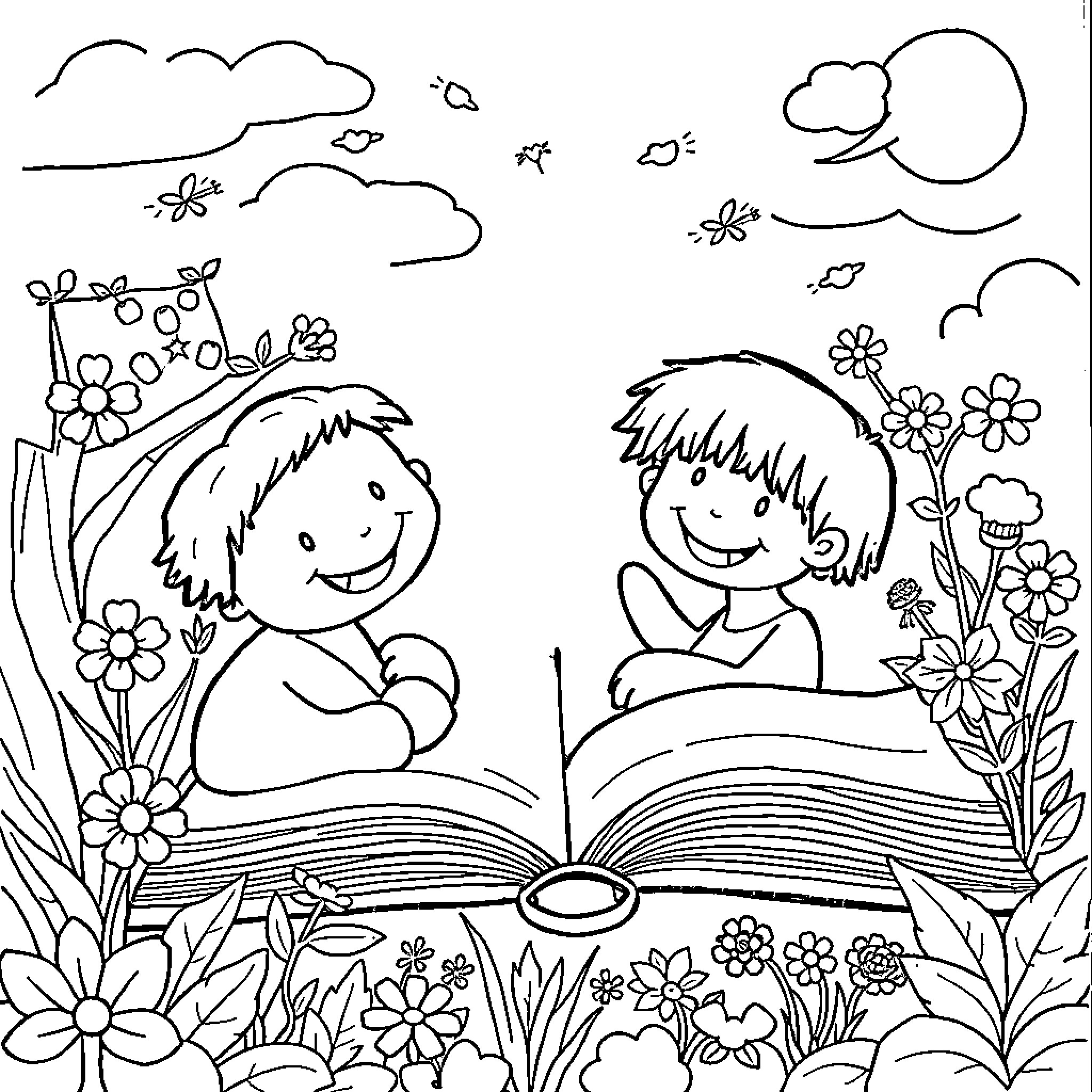 Children Book Exploring Nature in Flowery Field Coloring Page (free black-and-white line drawing printable PDF for all, from beginners to advanced learners, including children, teens, adults, and seniors)