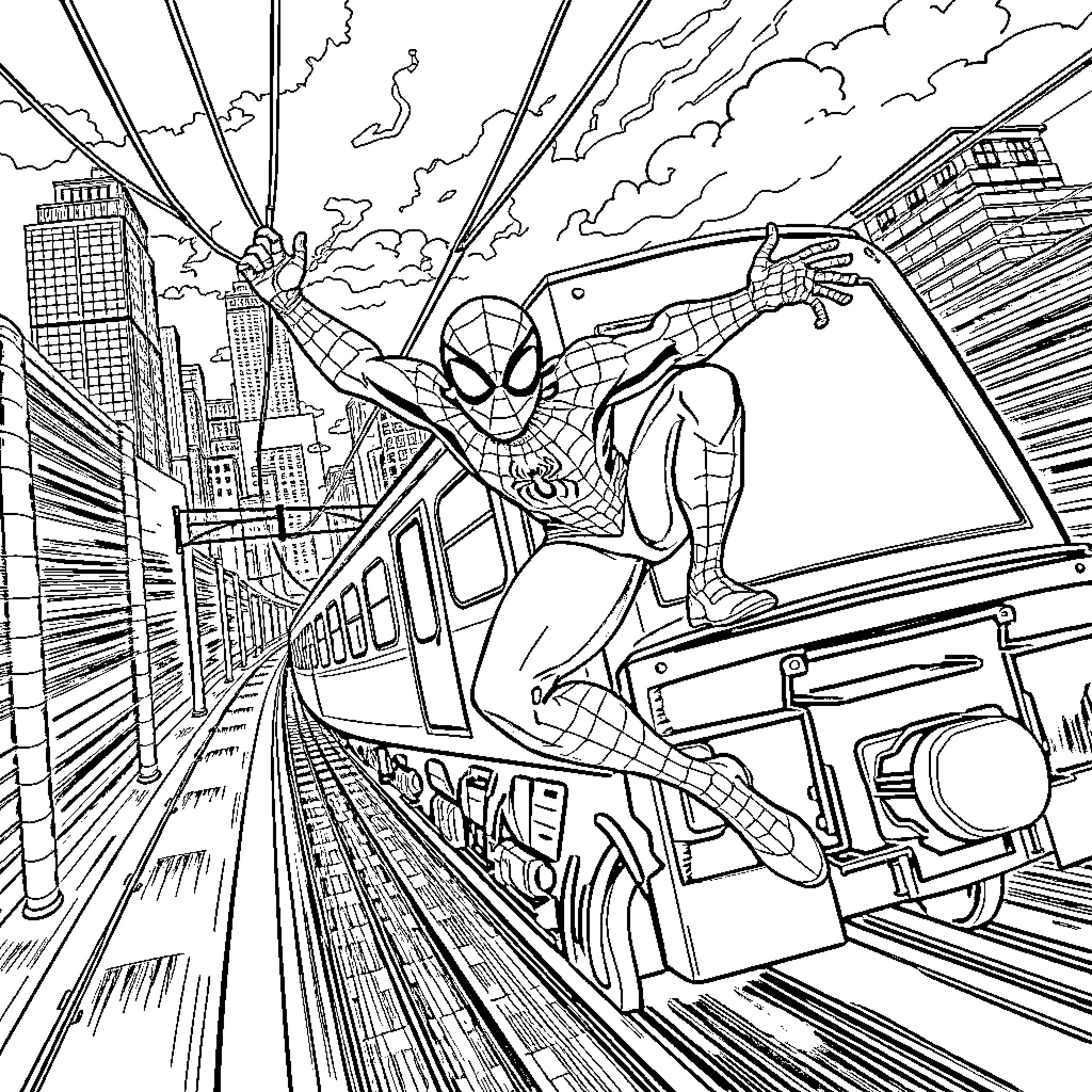 Spiderman swinging through the city on a train Coloring Page (free black-and-white line drawing printable PDF for all, from beginners to advanced learners, including children, teens, adults, and seniors)