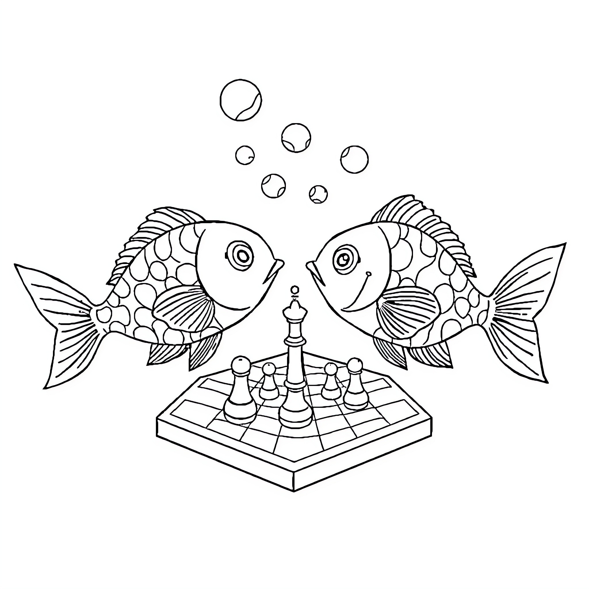 Fish playing chess on chessboard Coloring Page (free black-and-white line drawing printable PDF for all, from beginners to advanced learners, including children, teens, adults, and seniors)
