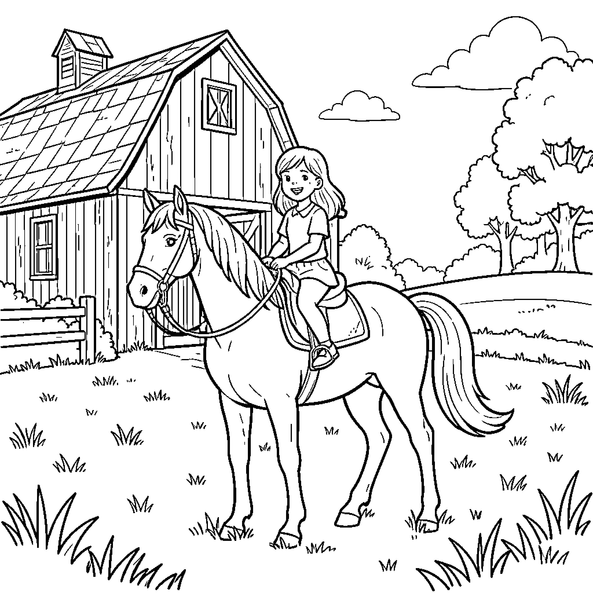 Girl riding horse near rustic barn Coloring Page (free black-and-white line drawing printable PDF for all, from beginners to advanced learners, including children, teens, adults, and seniors)
