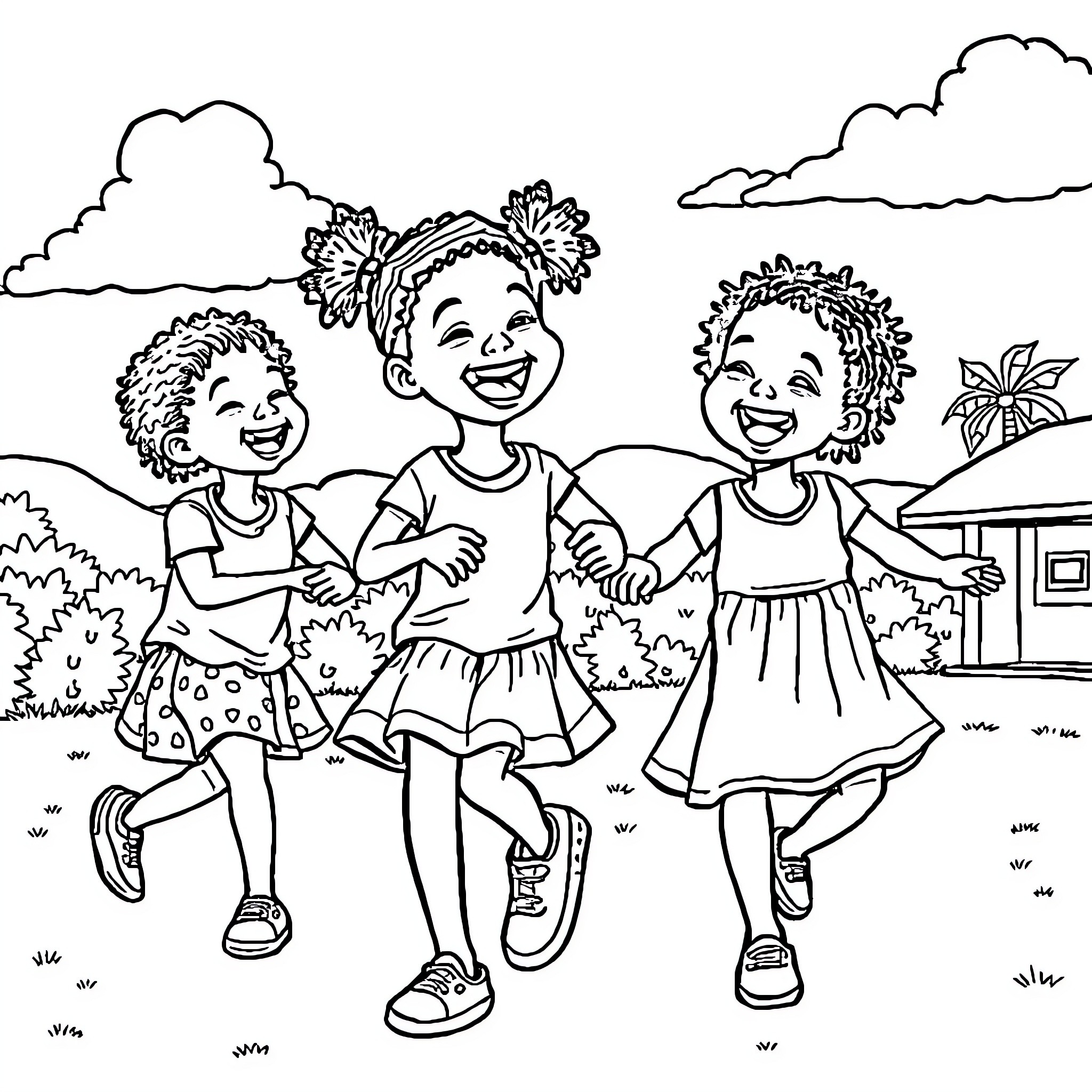 Child Friends Happily Enjoying Outdoors Coloring Page (free black-and-white line drawing printable PDF for all, from beginners to advanced learners, including children, teens, adults, and seniors)