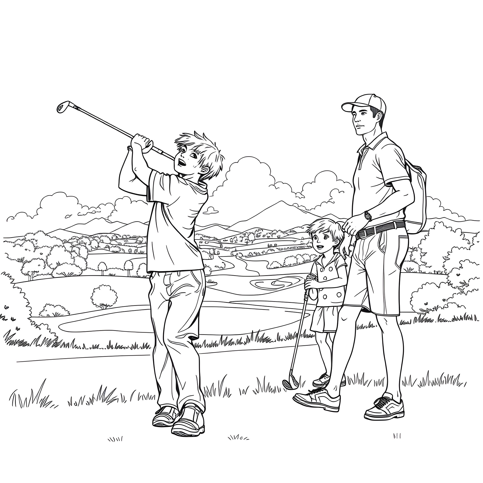 Kid golfers practicing on the course Coloring Page (free black-and-white line drawing printable PDF for all, from beginners to advanced learners, including children, teens, adults, and seniors)